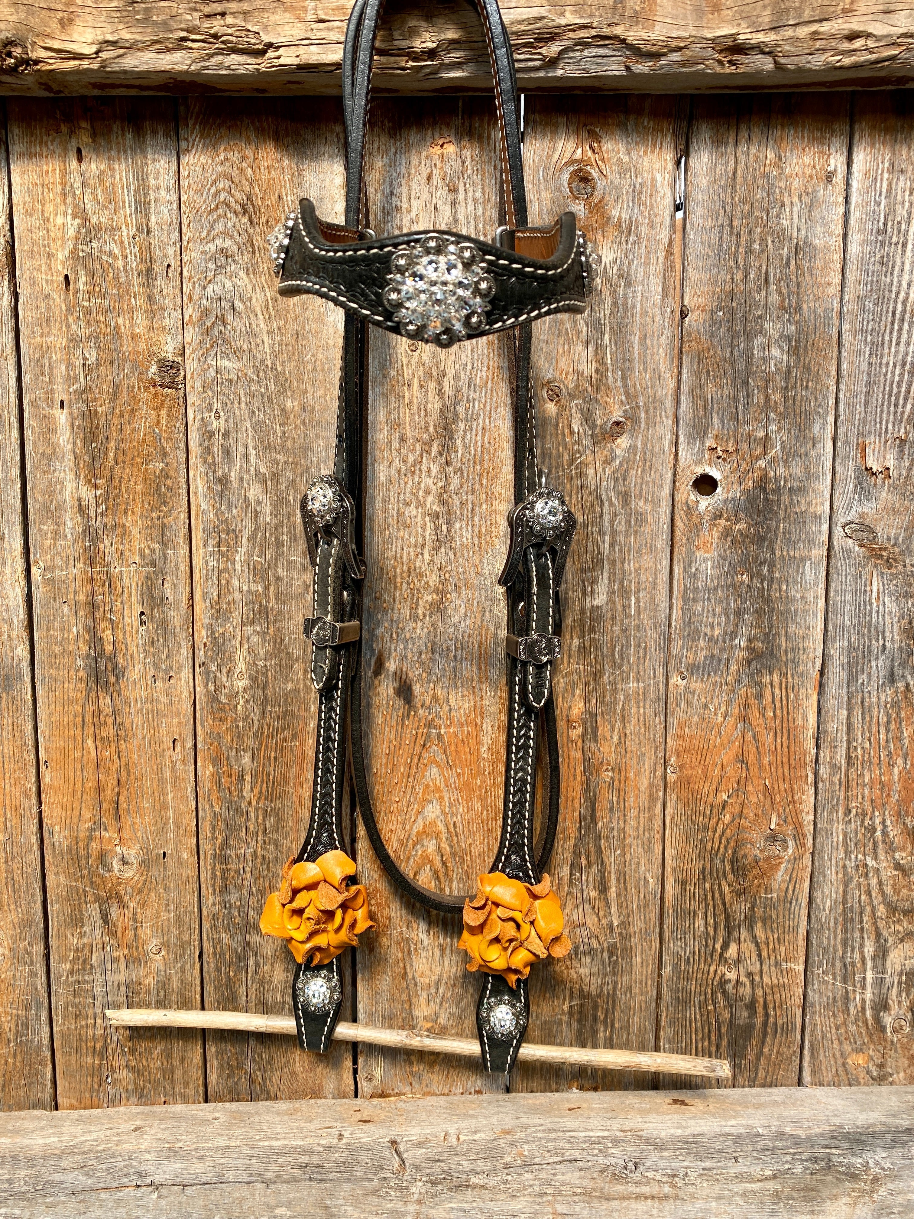 Black Basketweave Yellow and Clear Browband / One Ear Tack Set #BBBC442 — view 5
