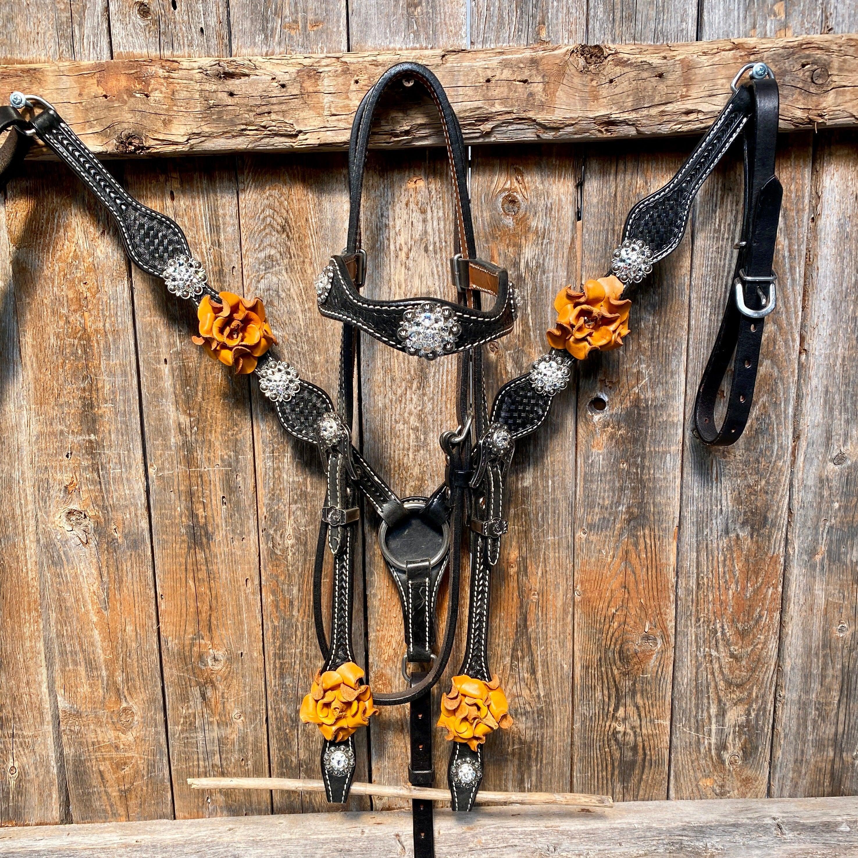 Black Basketweave Yellow and Clear Browband / One Ear Tack Set #BBBC442