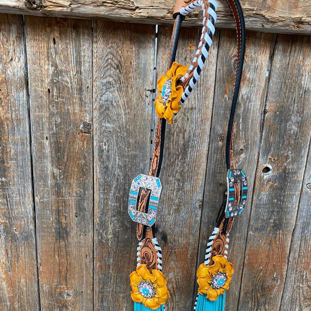 Yellow and Turquoise Browband/One Ear Headstall & Breastcollar Tack Set #OEBC411 — view 12