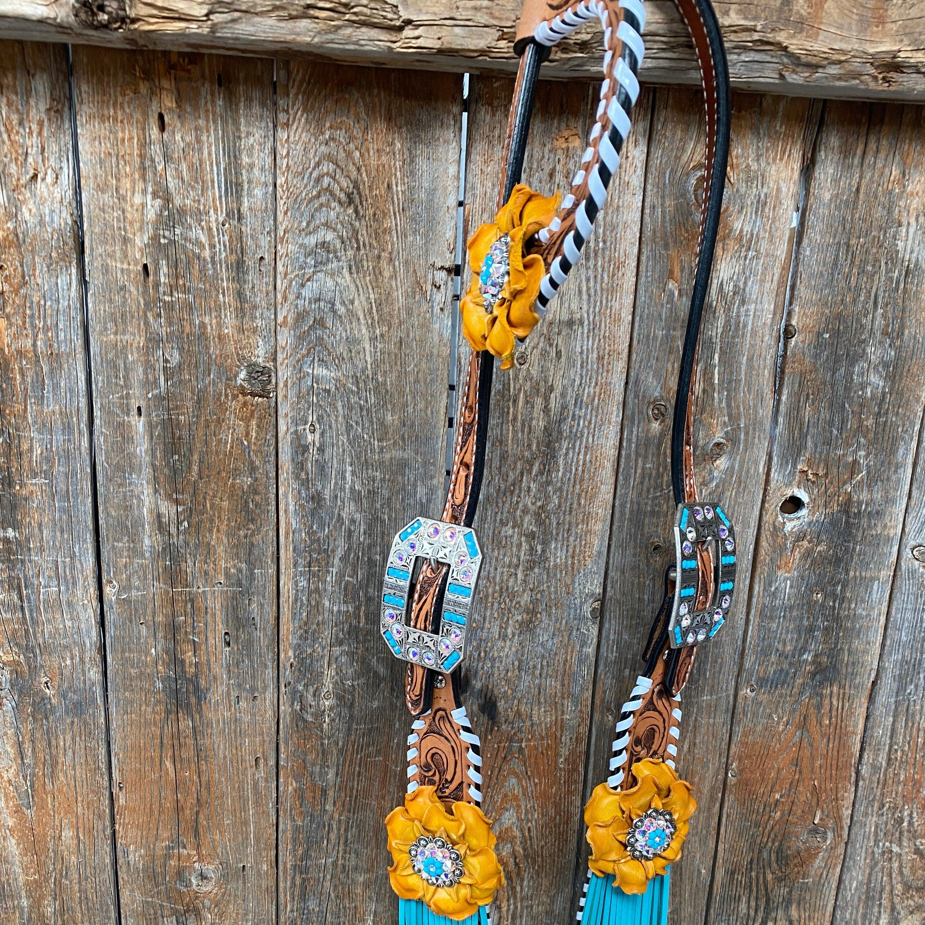 Yellow and Turquoise Browband/One Ear Headstall & Breastcollar Tack Set #OEBC411 — view 12
