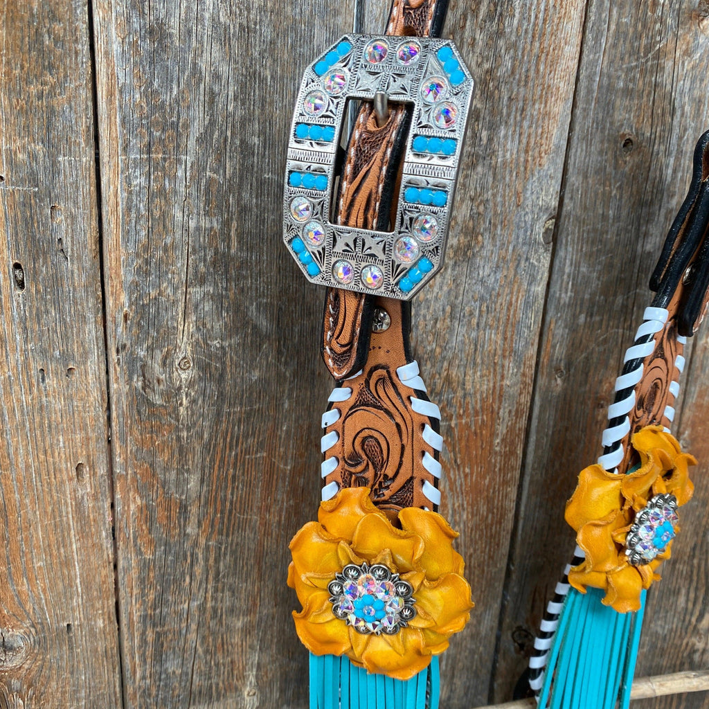 Yellow and Turquoise Browband/One Ear Headstall & Breastcollar Tack Set #OEBC411 — view 13