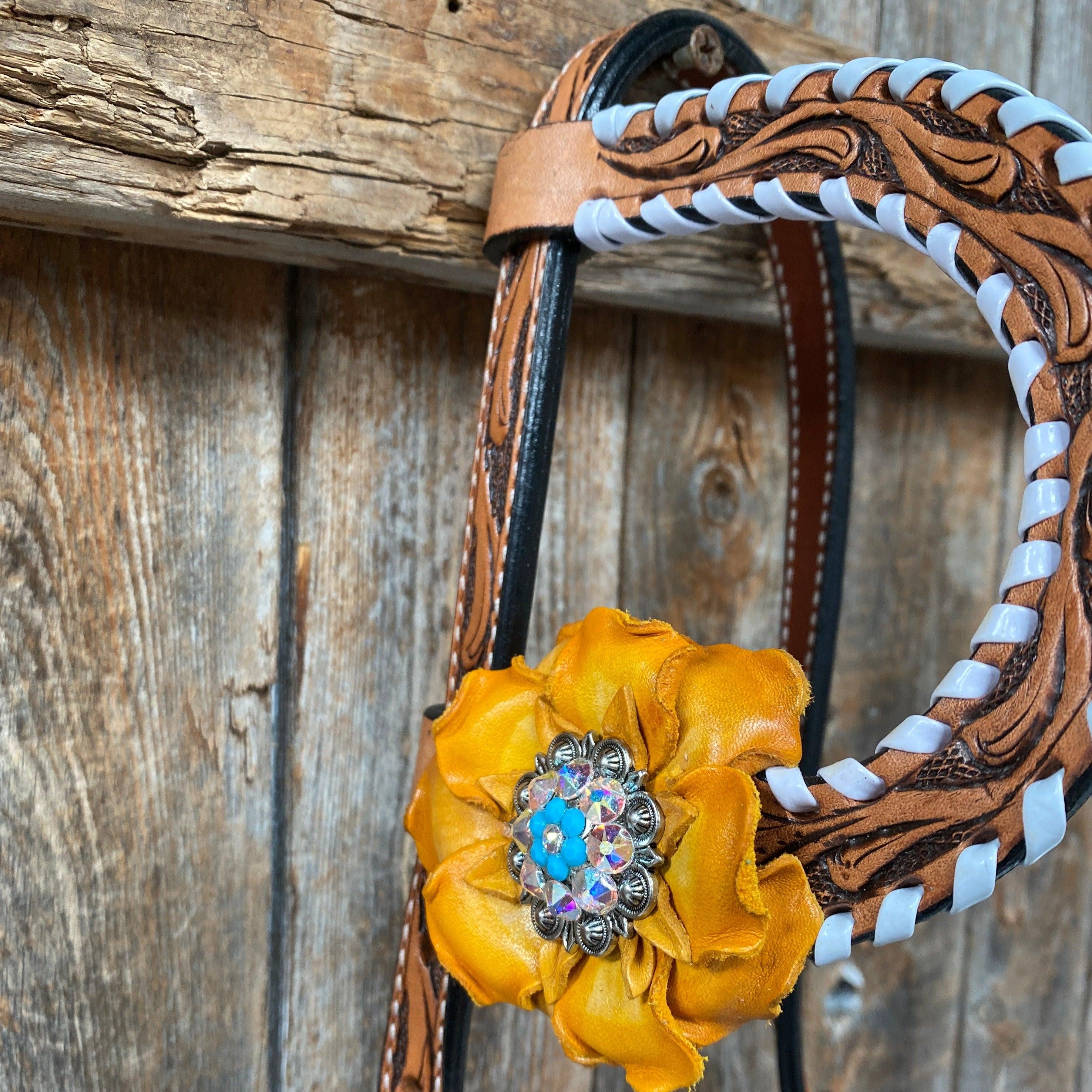 Yellow and Turquoise Browband/One Ear Headstall & Breastcollar Tack Set #OEBC411 — view 14