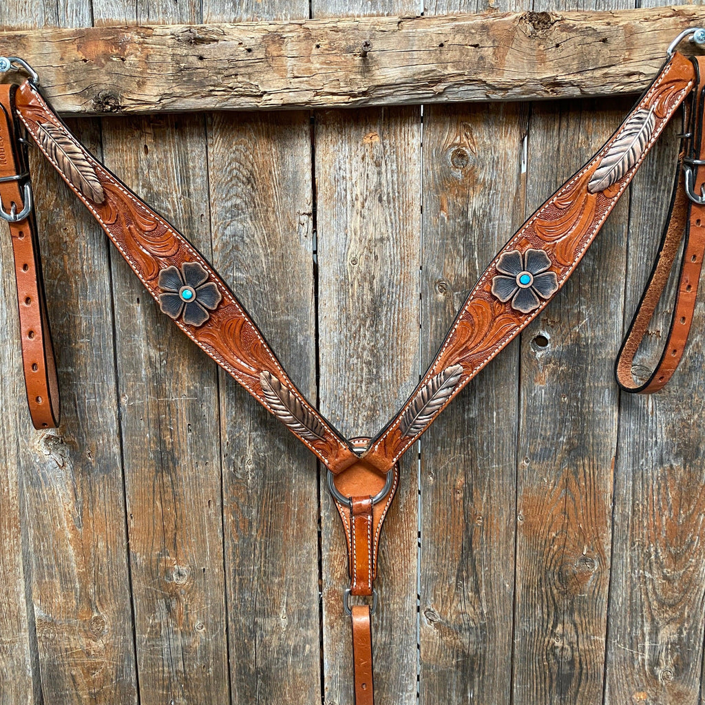 Light Oil Floral Tooled Feather and Flower Breastcollar#BC1052