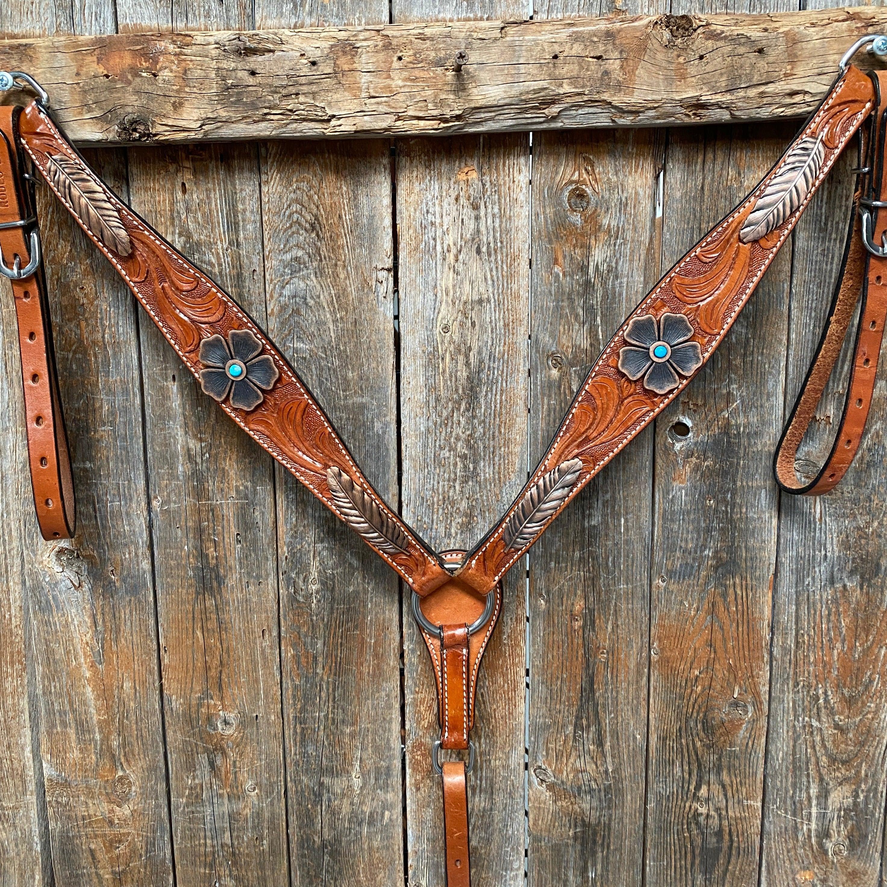 Light Oil Floral Tooled Feather and Flower Breastcollar#BC1052