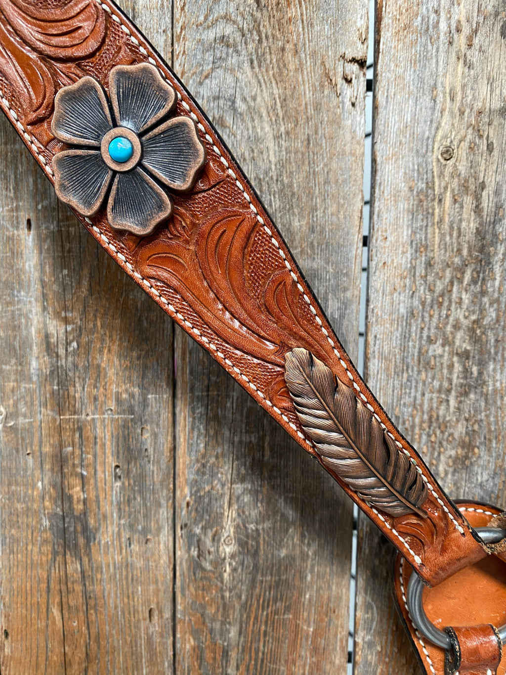 Light Oil Floral Tooled Feather and Flower Breastcollar#BC1052 — view 3