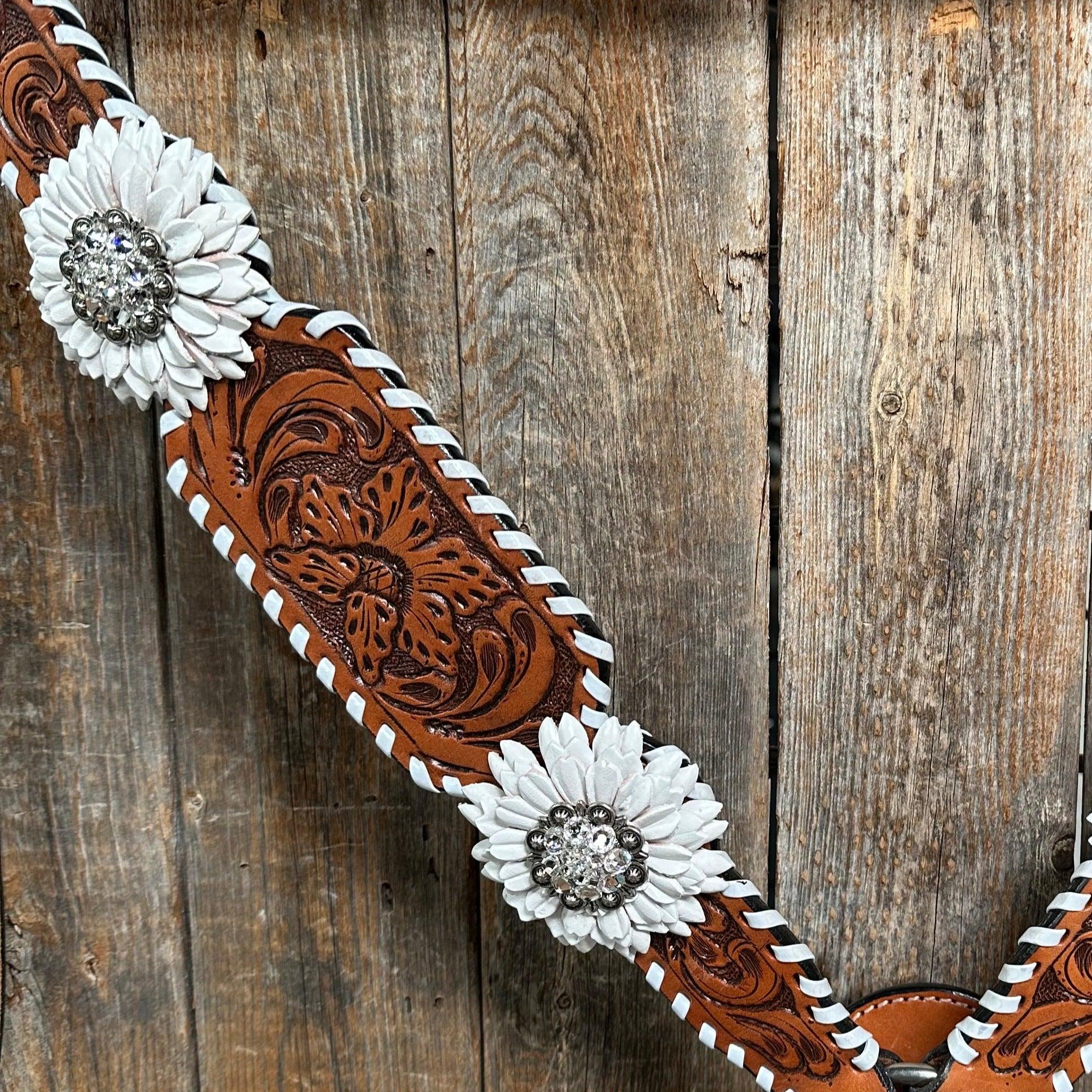 Light Oil Whipstitch White Daisy One Ear/ Breastcollar Tack Set #OEBC519 — view 6