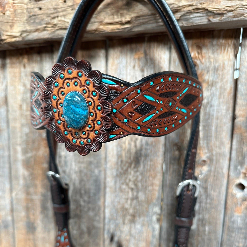 Dark Oil Hand Painted Blue Rosettes Browband/ Breastcollar Tack Set #BBBC522 — view 3
