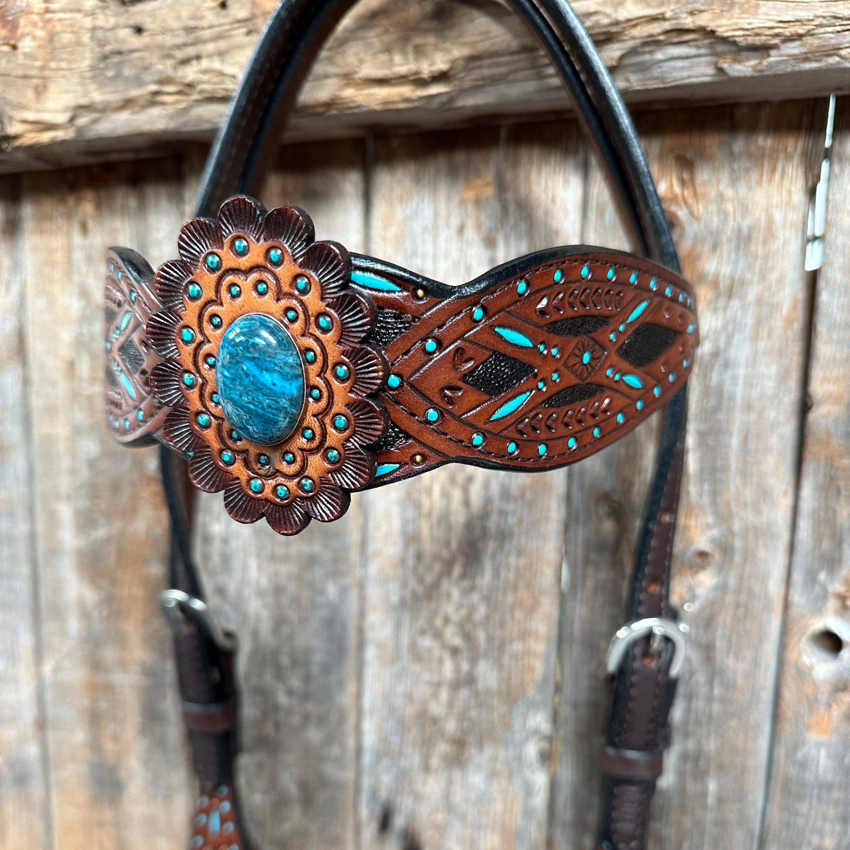 Dark Oil Hand Painted Blue Rosettes Browband/ Breastcollar Tack Set #BBBC522 — view 3