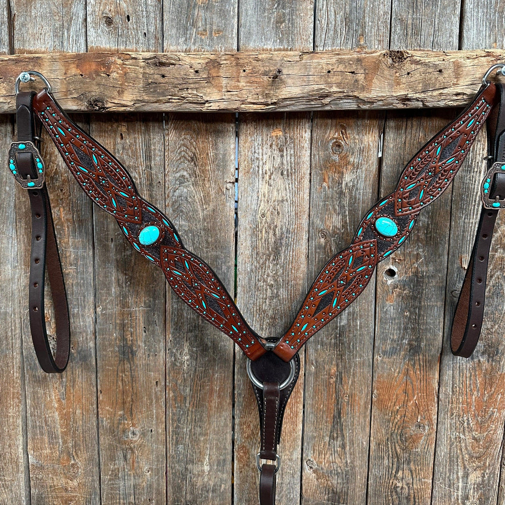 Dark Oil Hand Painted Turquoise Browband/ Breastcollar Tack Set #BBBC524 — view 5