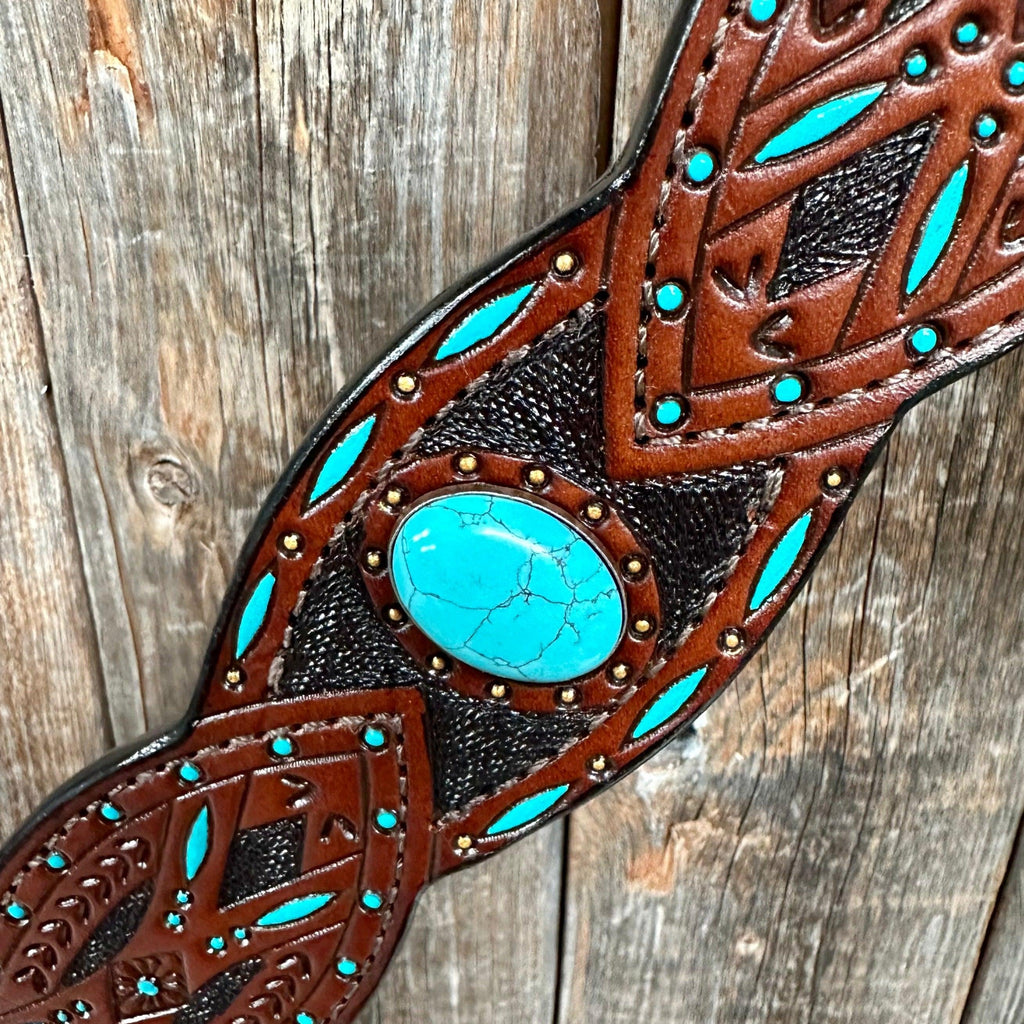 Dark Oil Hand Painted Turquoise Browband/ Breastcollar Tack Set #BBBC524 — view 7