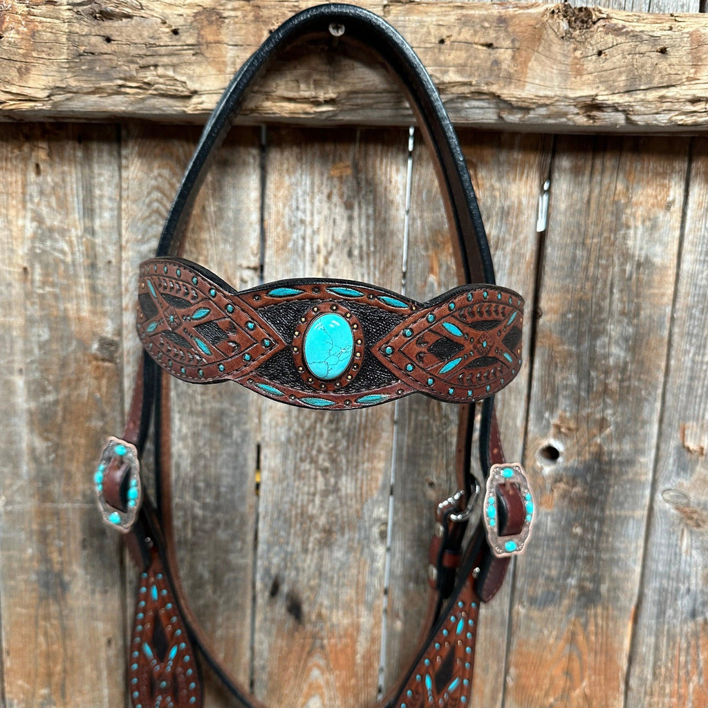 Dark Oil Hand Painted Turquoise Browband/ Breastcollar Tack Set #BBBC524 — view 2