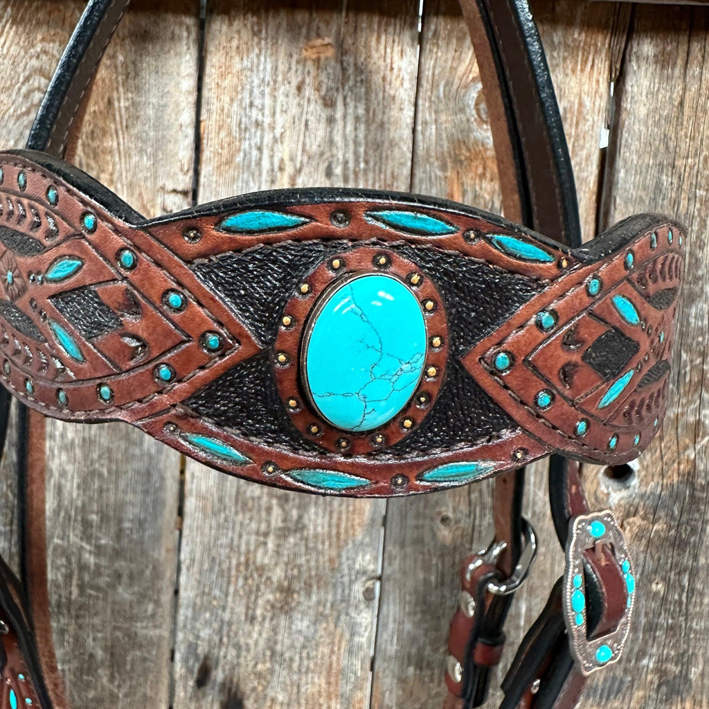 Dark Oil Hand Painted Turquoise Browband/ Breastcollar Tack Set #BBBC524 — view 3