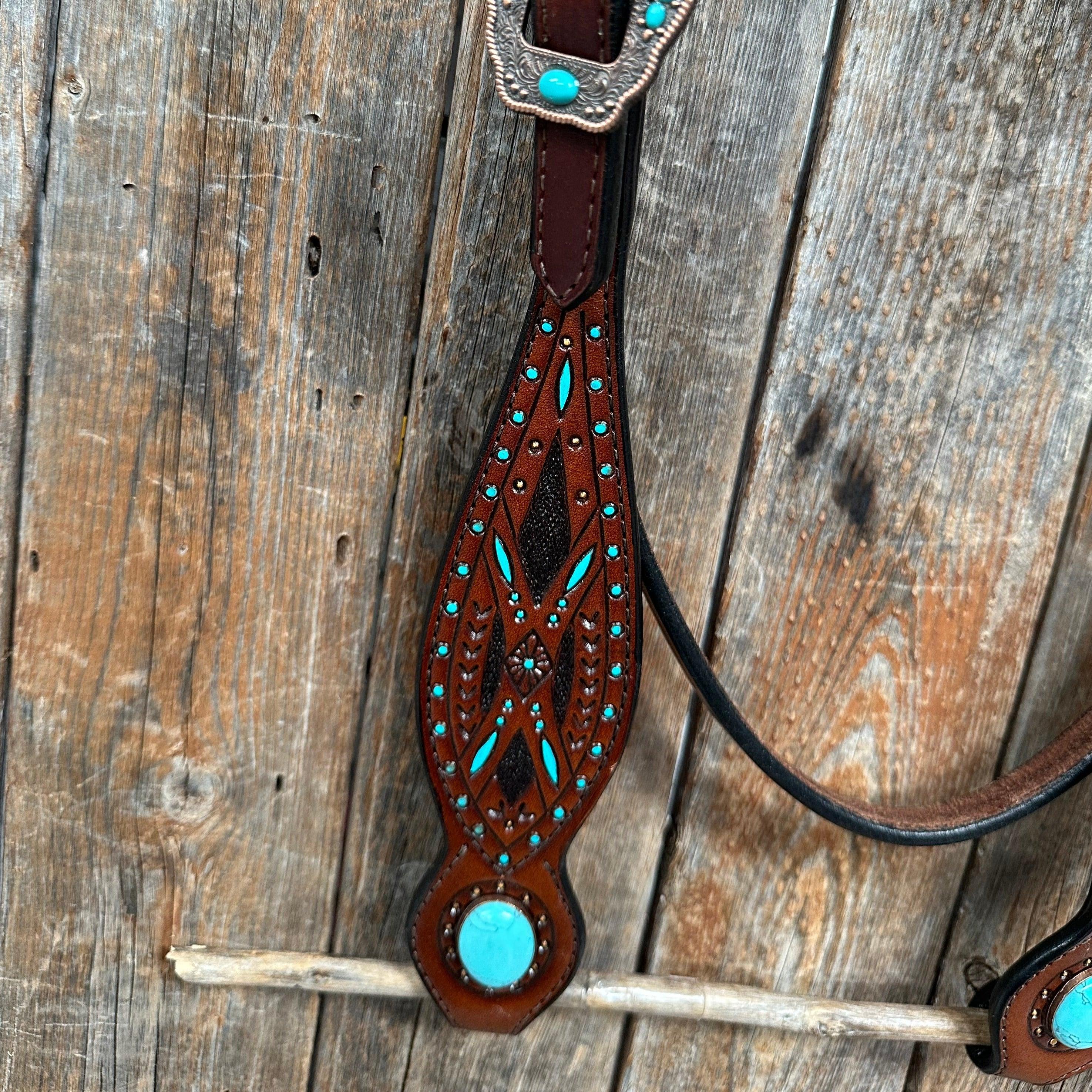 Dark Oil Hand Painted Turquoise Browband/ Breastcollar Tack Set #BBBC524 — view 4