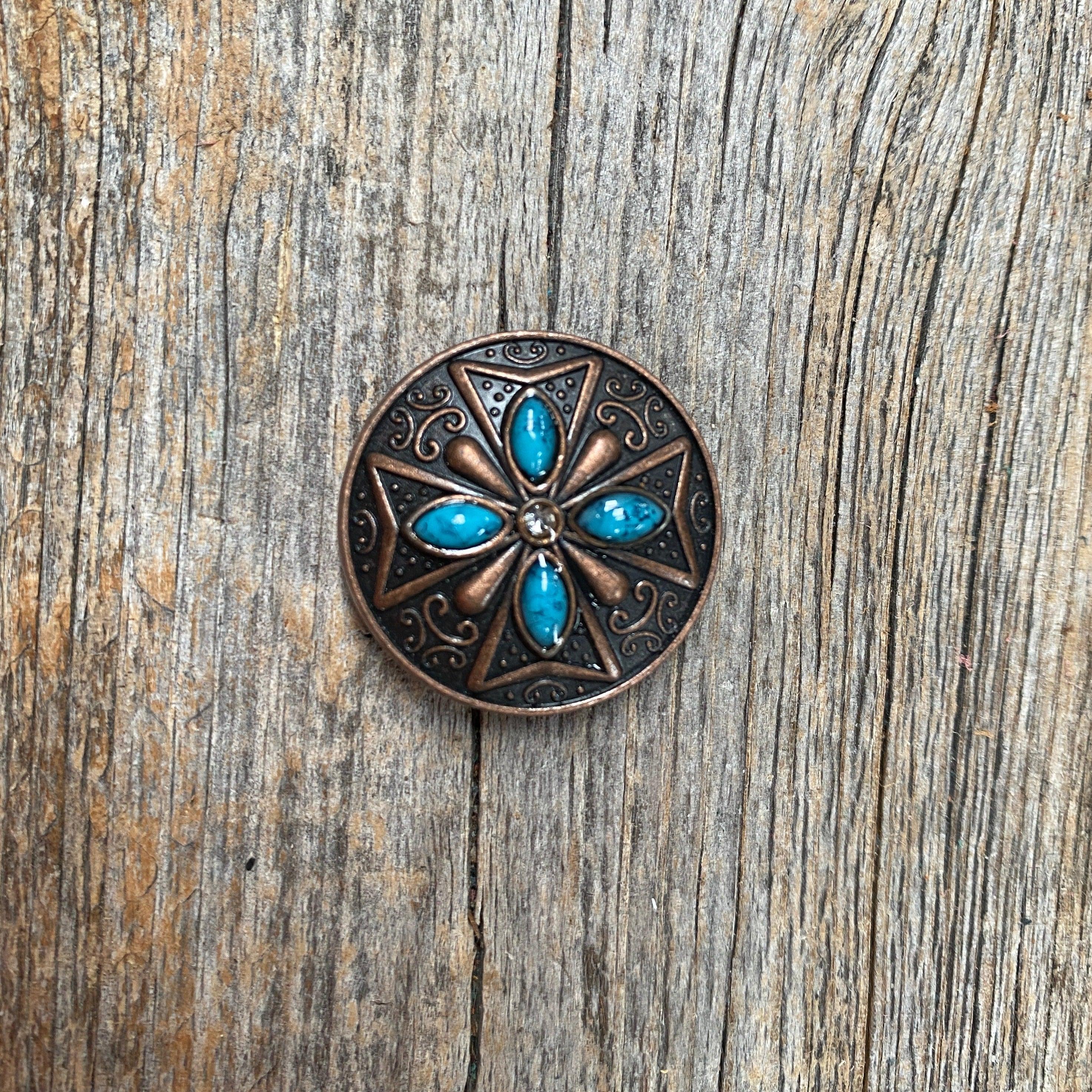 Copper Turquoise & Clear Crystal Concho 1" W138S