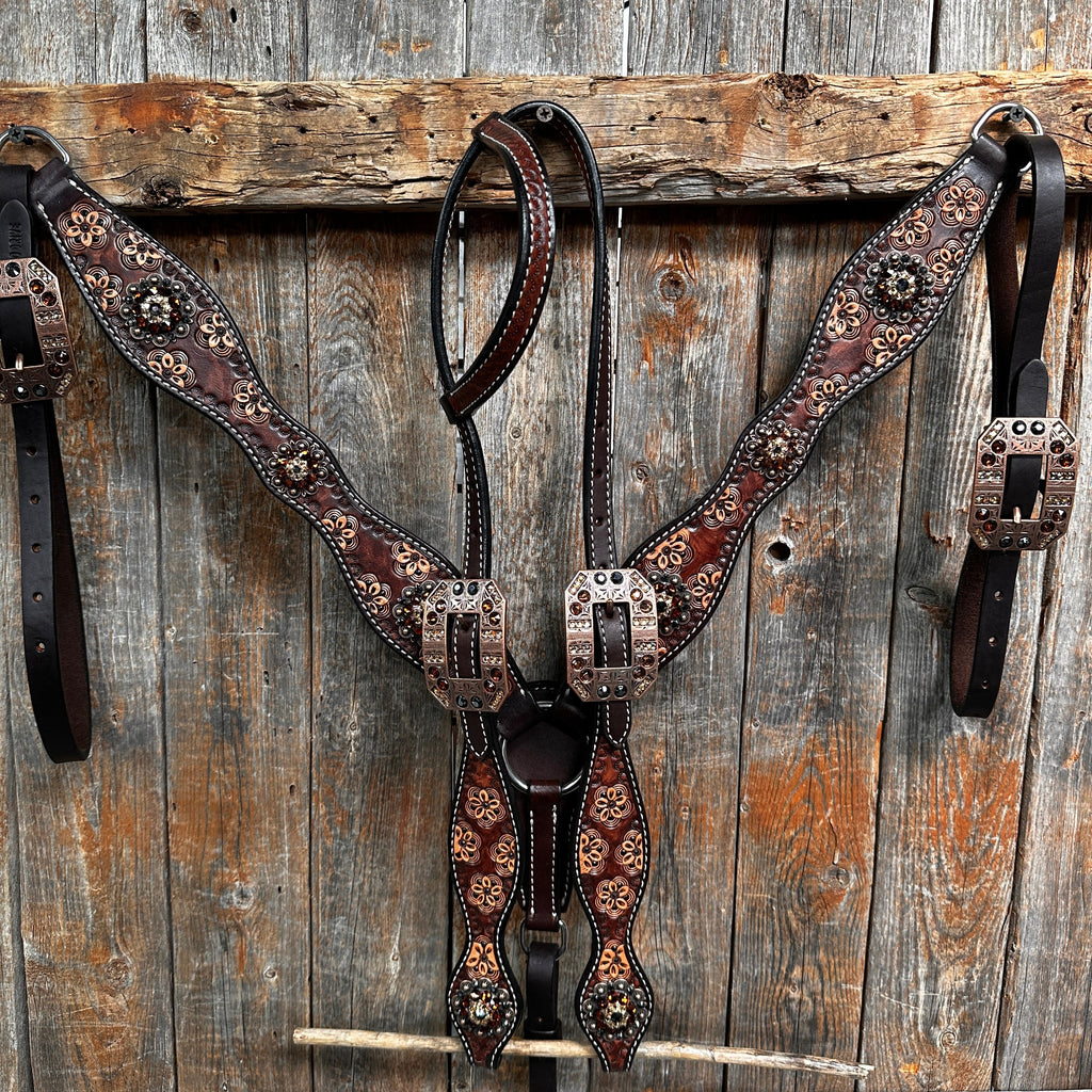 Flower Power and Chocolate Browband/One Ear Headstall & Breastcollar Tack Set #BBBC588 — view 2