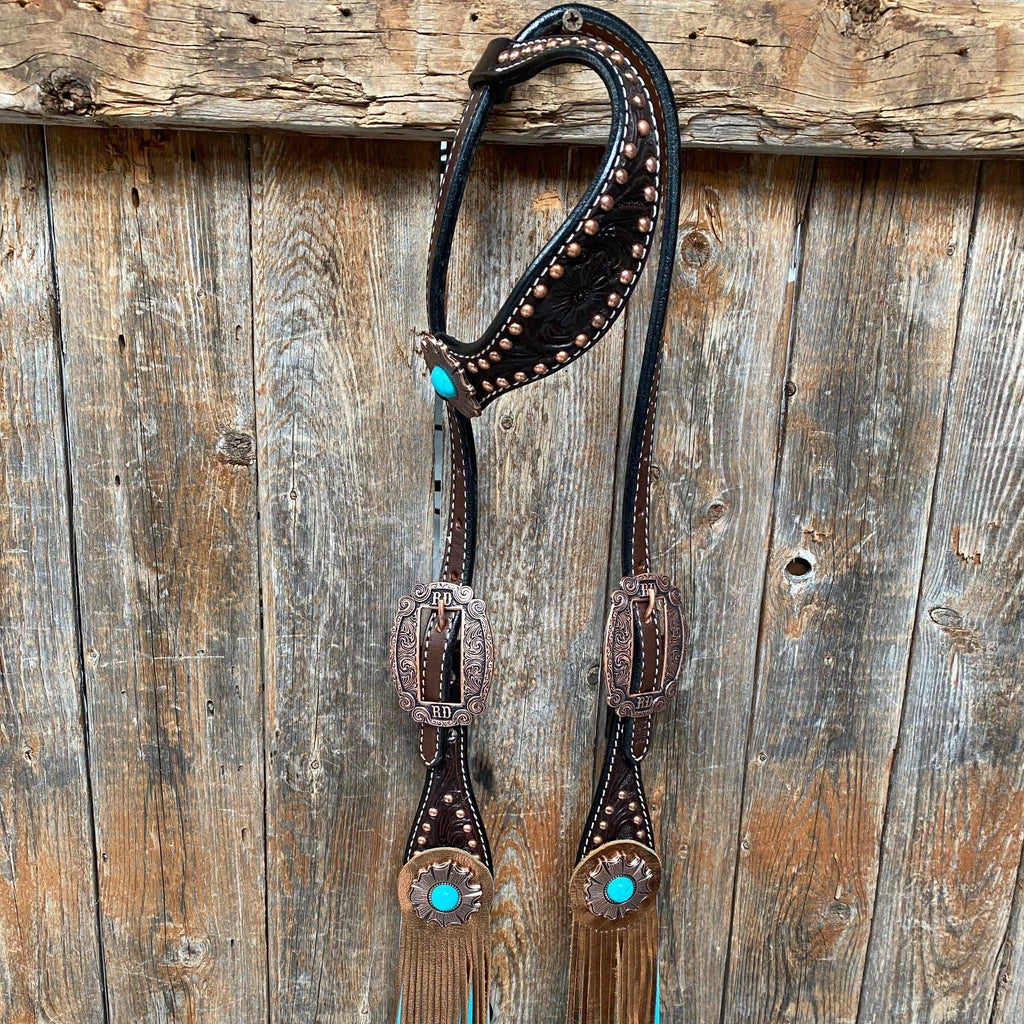 Dark Oil Copper Dot Turquoise Browband/One Ear Tack Set #BBBC498 — view 3