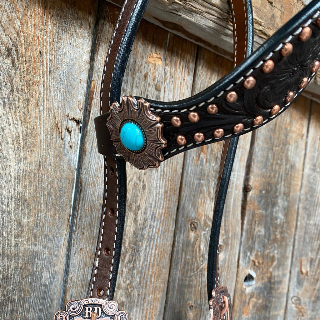 Dark Oil Copper Dot Turquoise Browband/One Ear Tack Set #BBBC498 — view 4