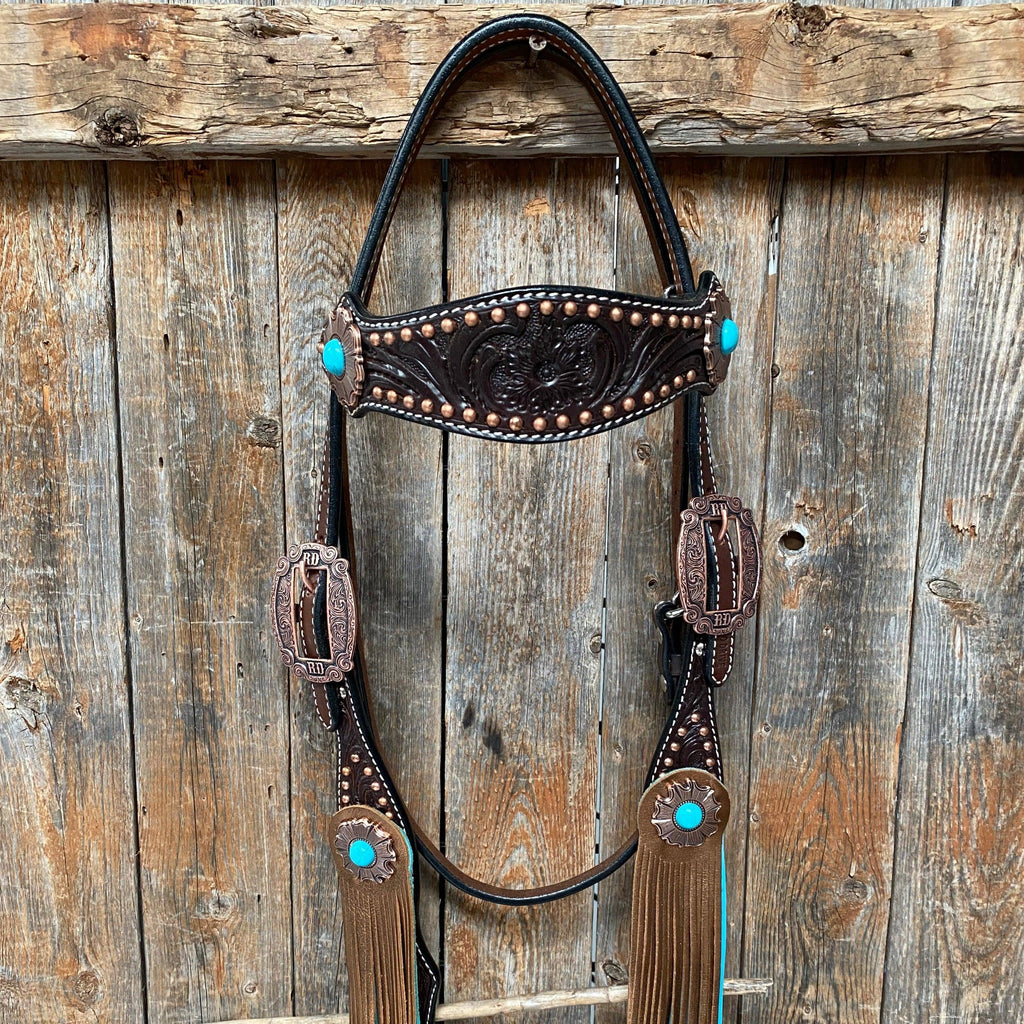 Dark Oil Copper Dot Turquoise Browband/One Ear Tack Set #BBBC498 — view 6