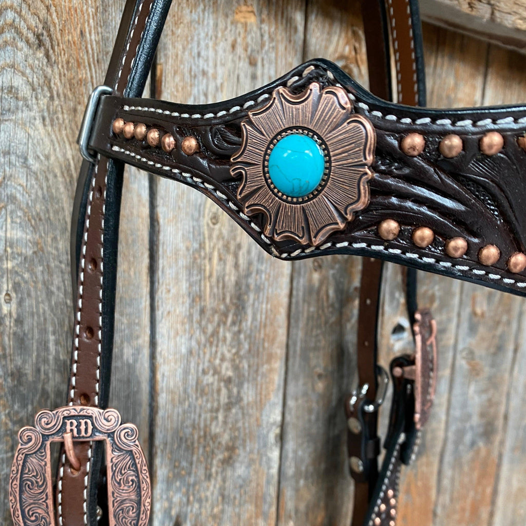 Dark Oil Copper Dot Turquoise Browband/One Ear Tack Set #BBBC498 — view 7