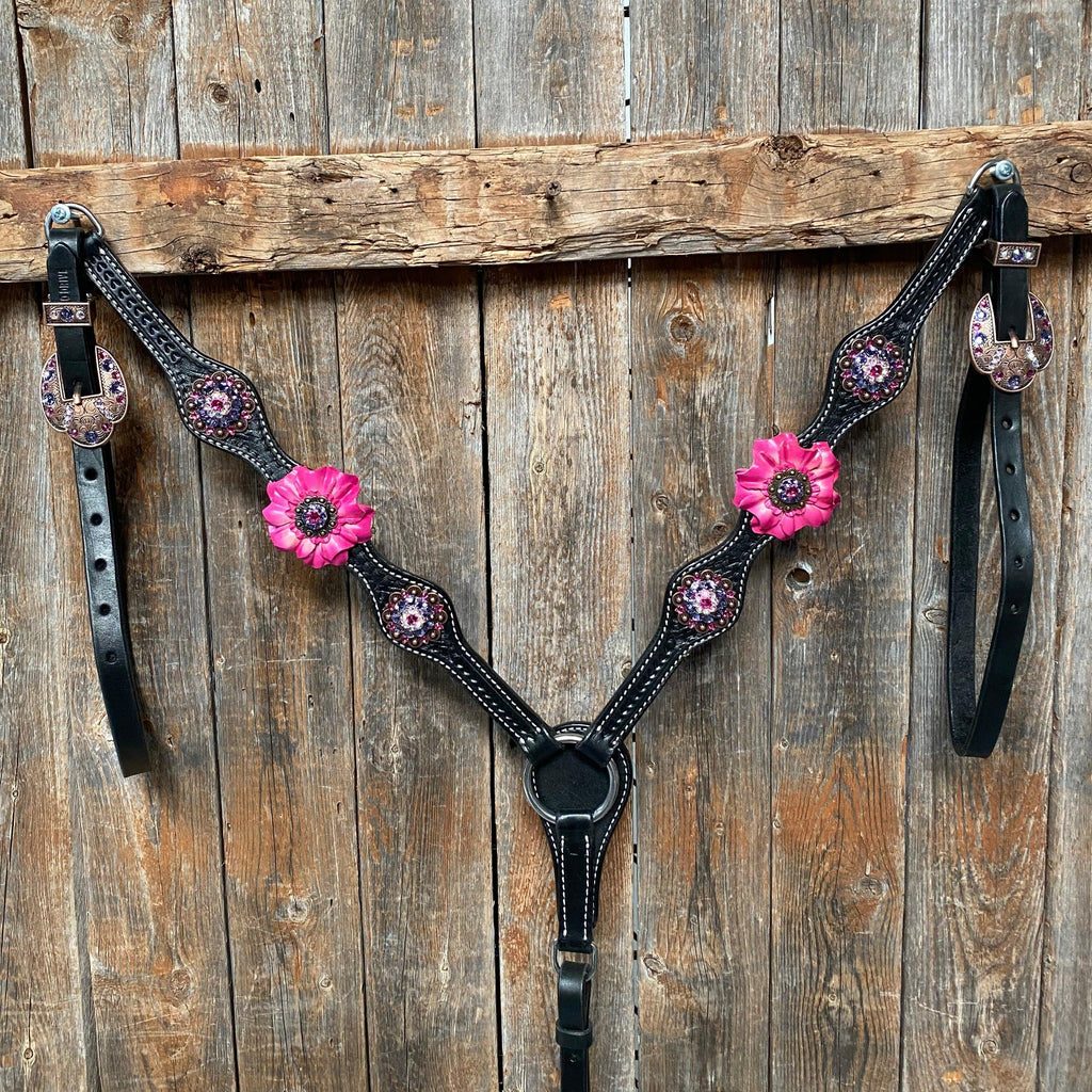 Black Basketweave Pink and Purple Browband/One Ear Tack Set #BBBC407 — view 9