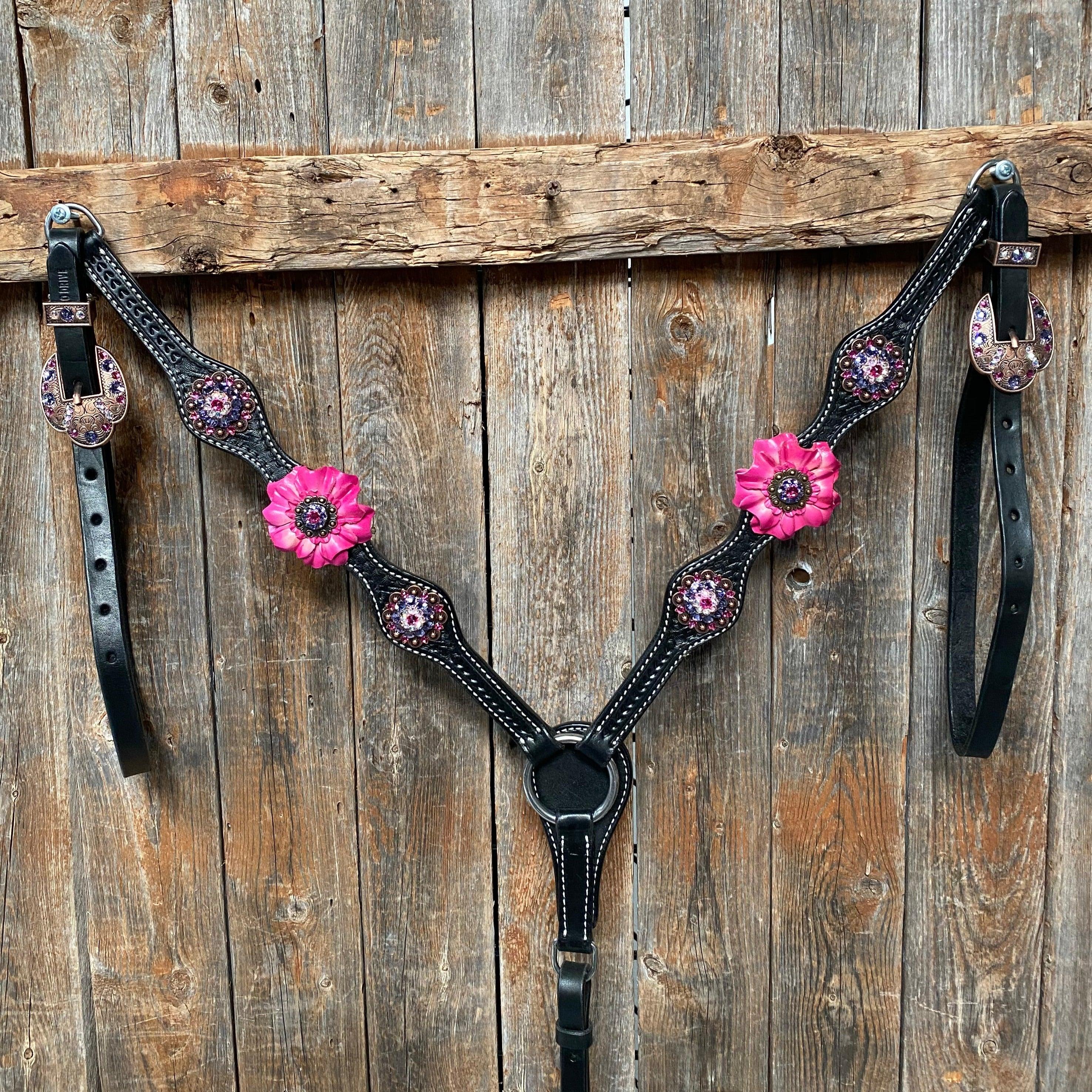 Black Basketweave Pink and Purple Browband/One Ear Tack Set #BBBC407 — view 9