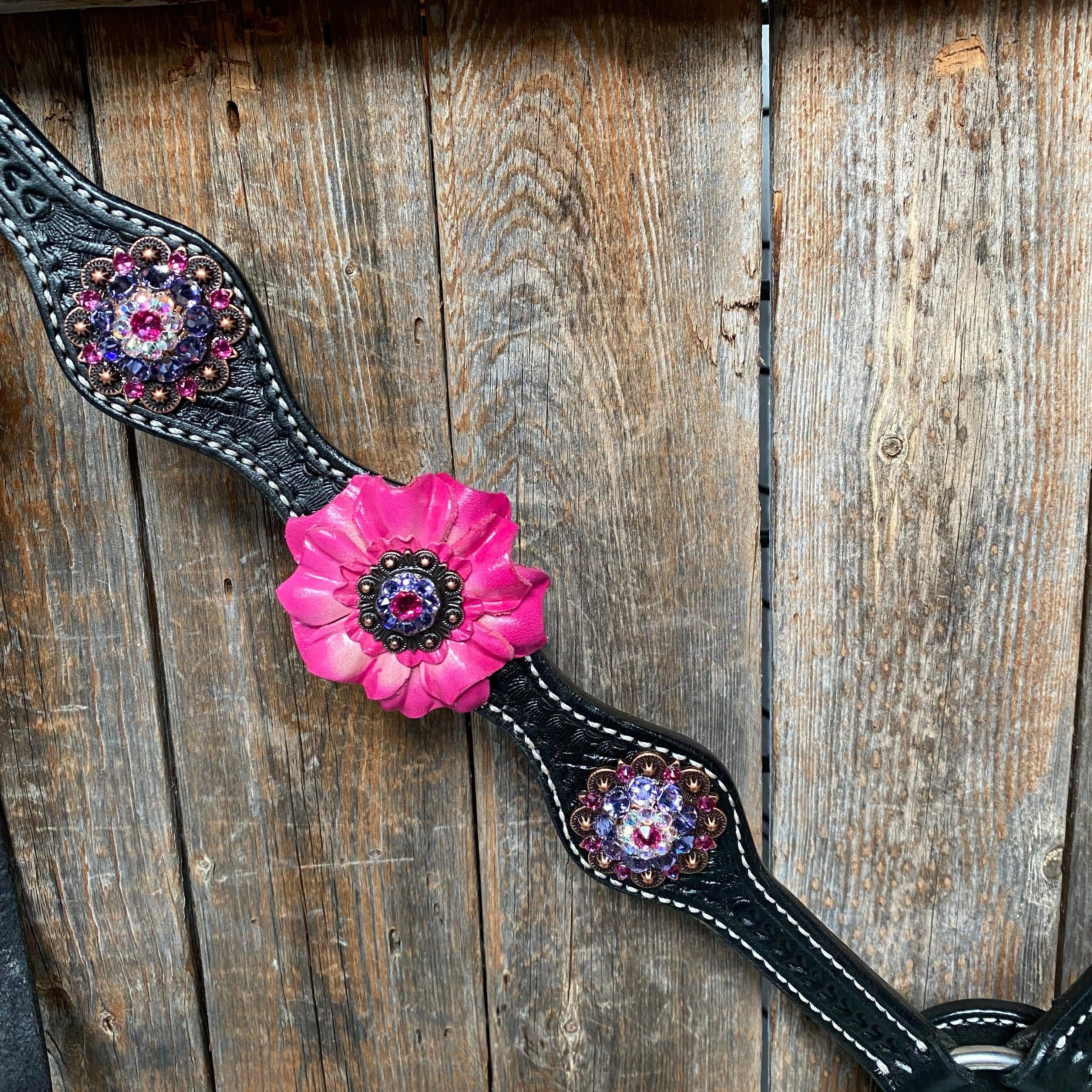 Black Basketweave Pink and Purple Browband/One Ear Tack Set #BBBC407 — view 11