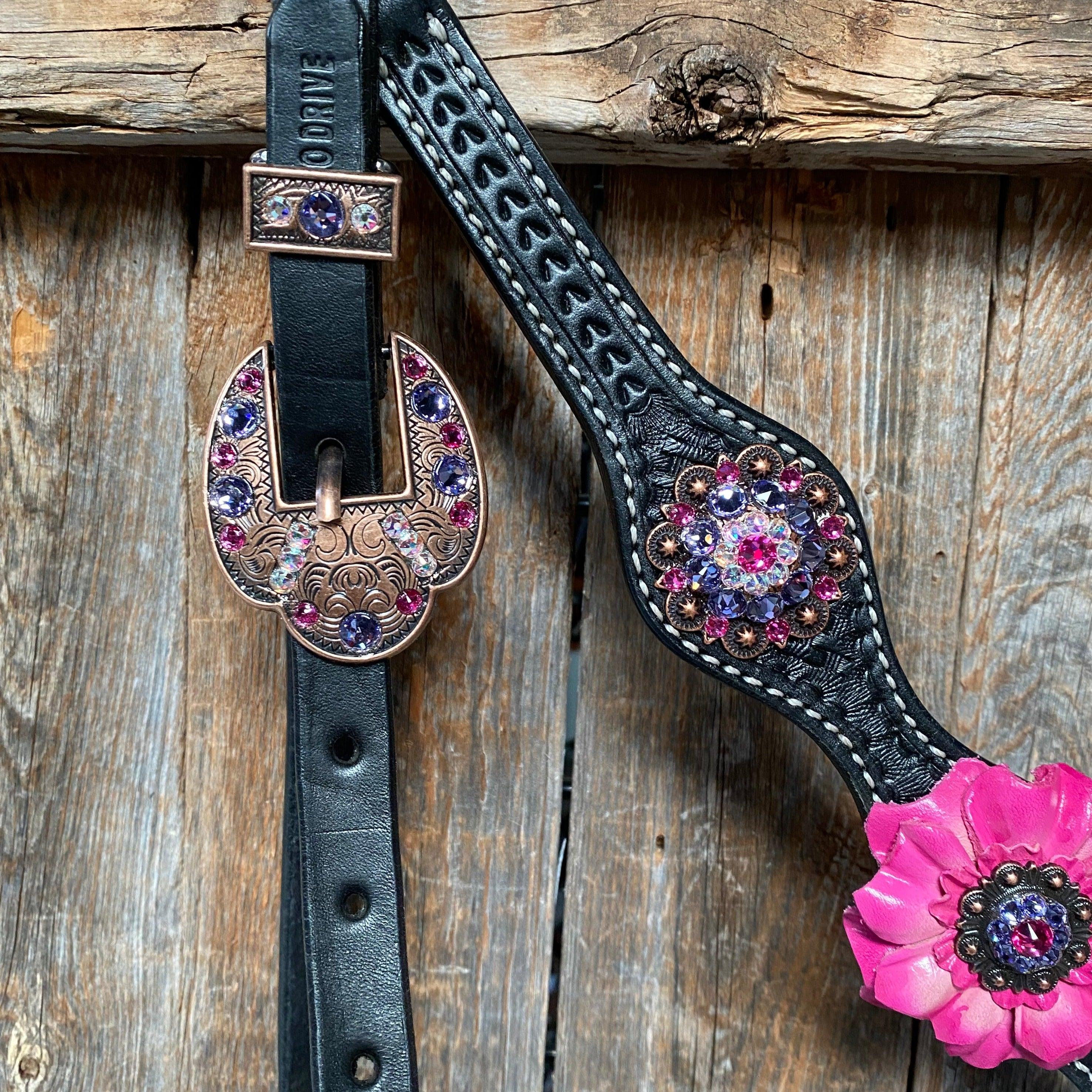 Black Basketweave Pink and Purple Browband/One Ear Tack Set #BBBC407 — view 10