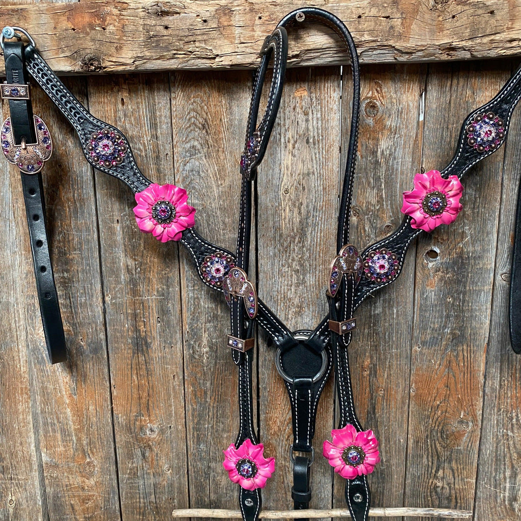 Black Basketweave Pink and Purple Browband/One Ear Tack Set #BBBC407 — view 2
