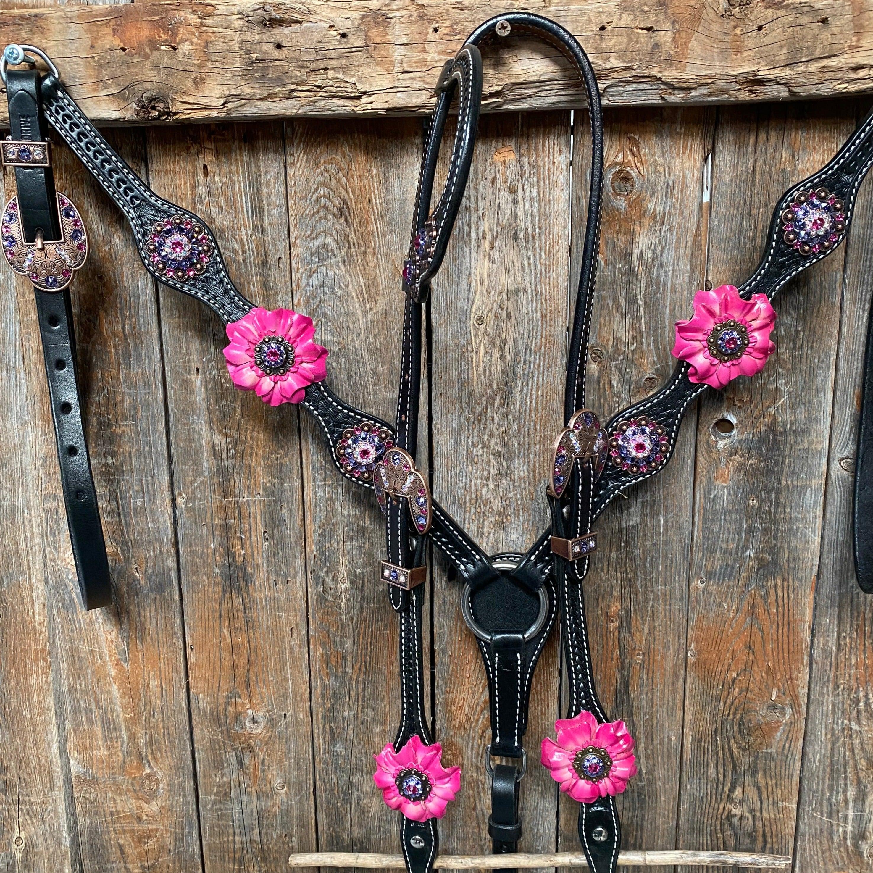 Black Basketweave Pink and Purple Browband/One Ear Tack Set #BBBC407 — view 2