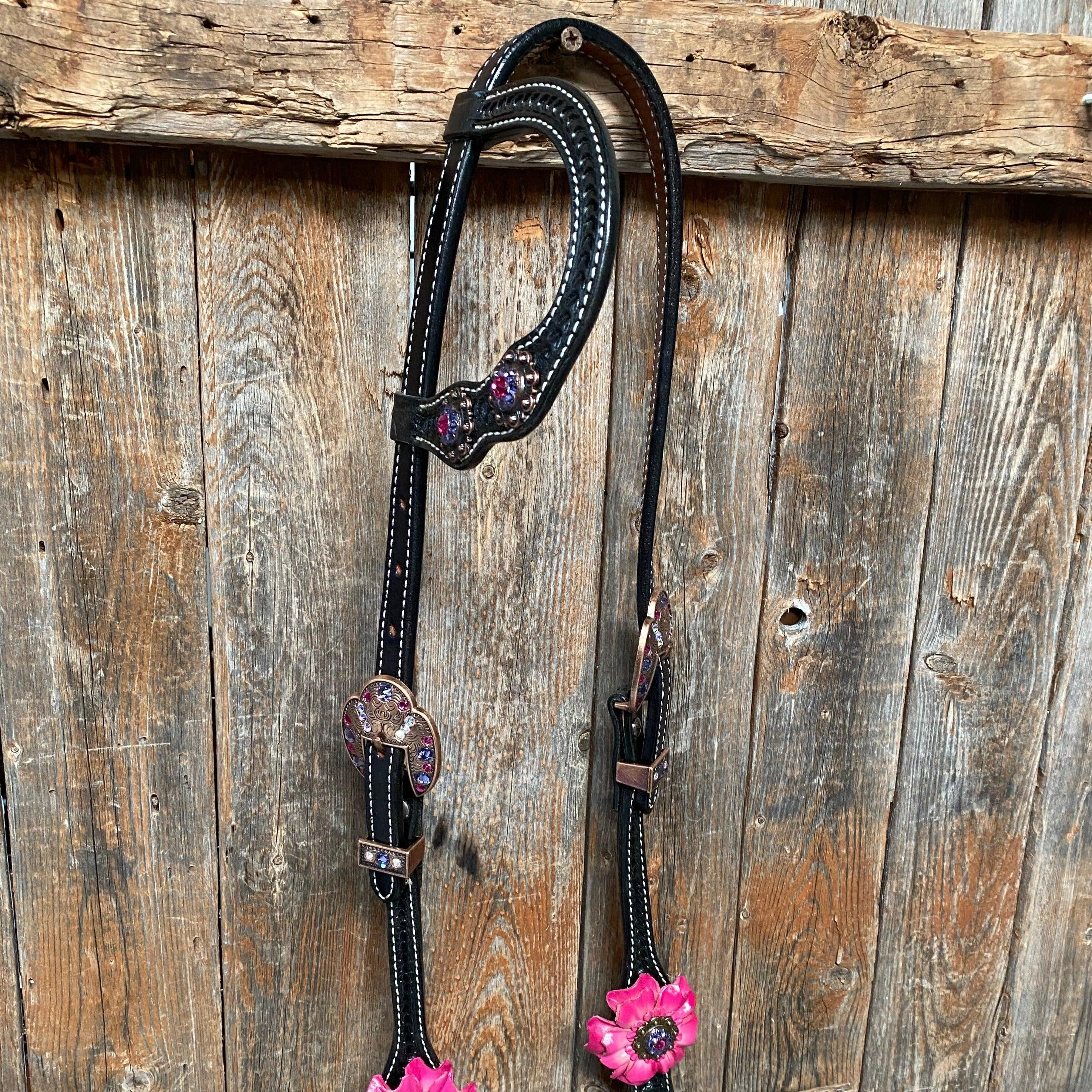 Black Basketweave Pink and Purple Browband/One Ear Tack Set #BBBC407 — view 7