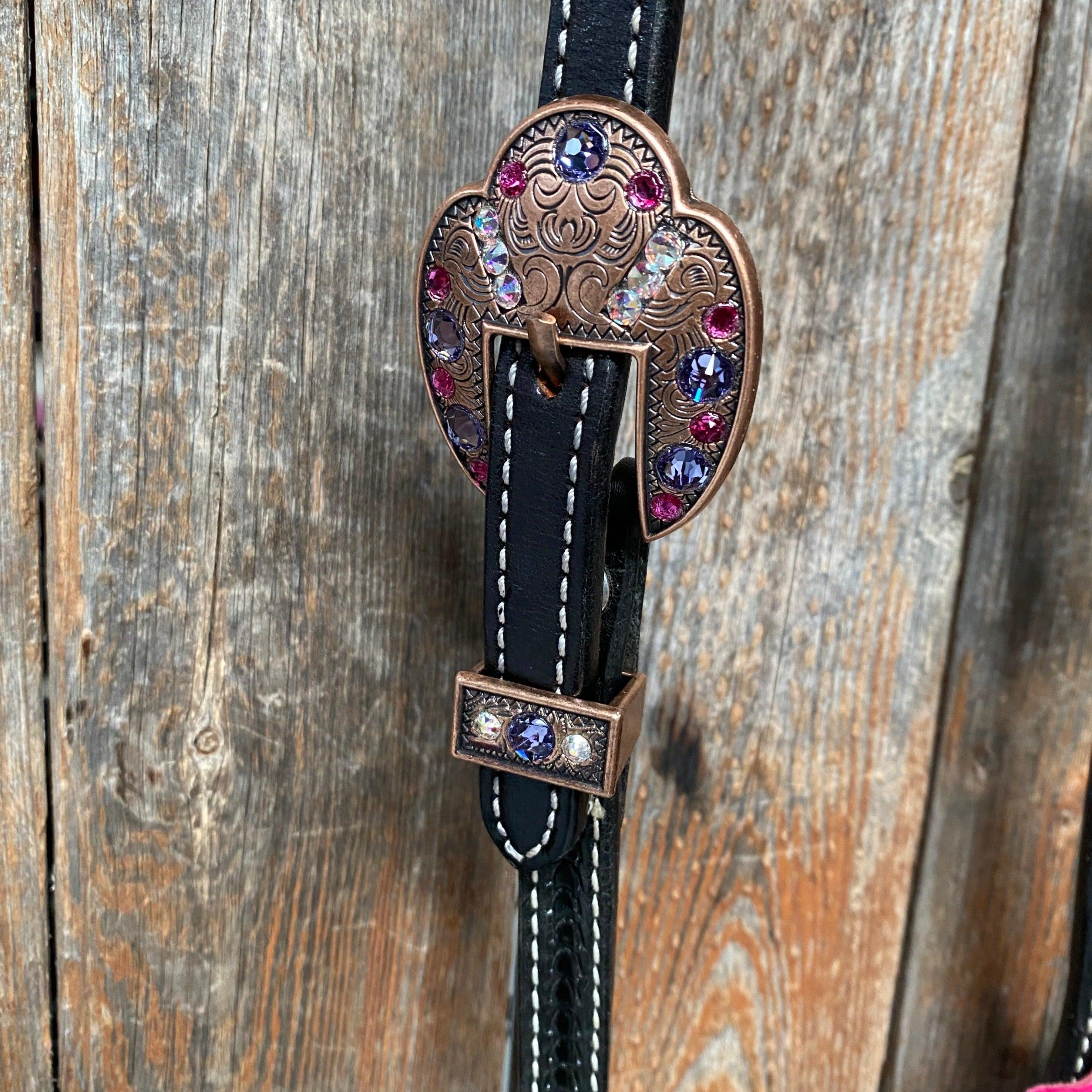 Black Basketweave Pink and Purple Browband/One Ear Tack Set #BBBC407 — view 6