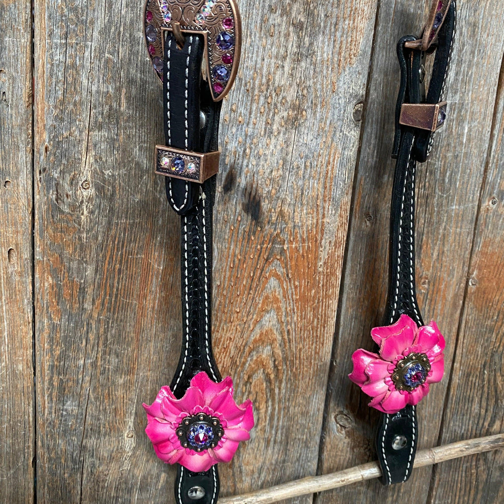 Black Basketweave Pink and Purple Browband/One Ear Tack Set #BBBC407 — view 5