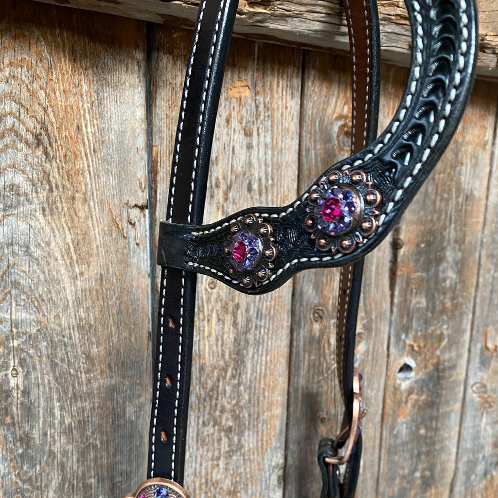Black Basketweave Pink and Purple Browband/One Ear Tack Set #BBBC407 — view 8