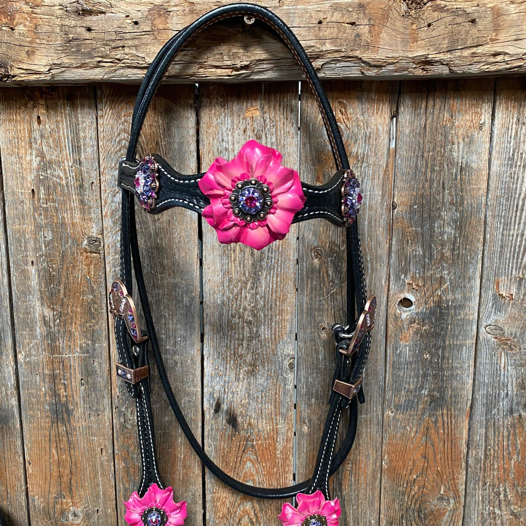 Black Basketweave Pink and Purple Browband/One Ear Tack Set #BBBC407 — view 3