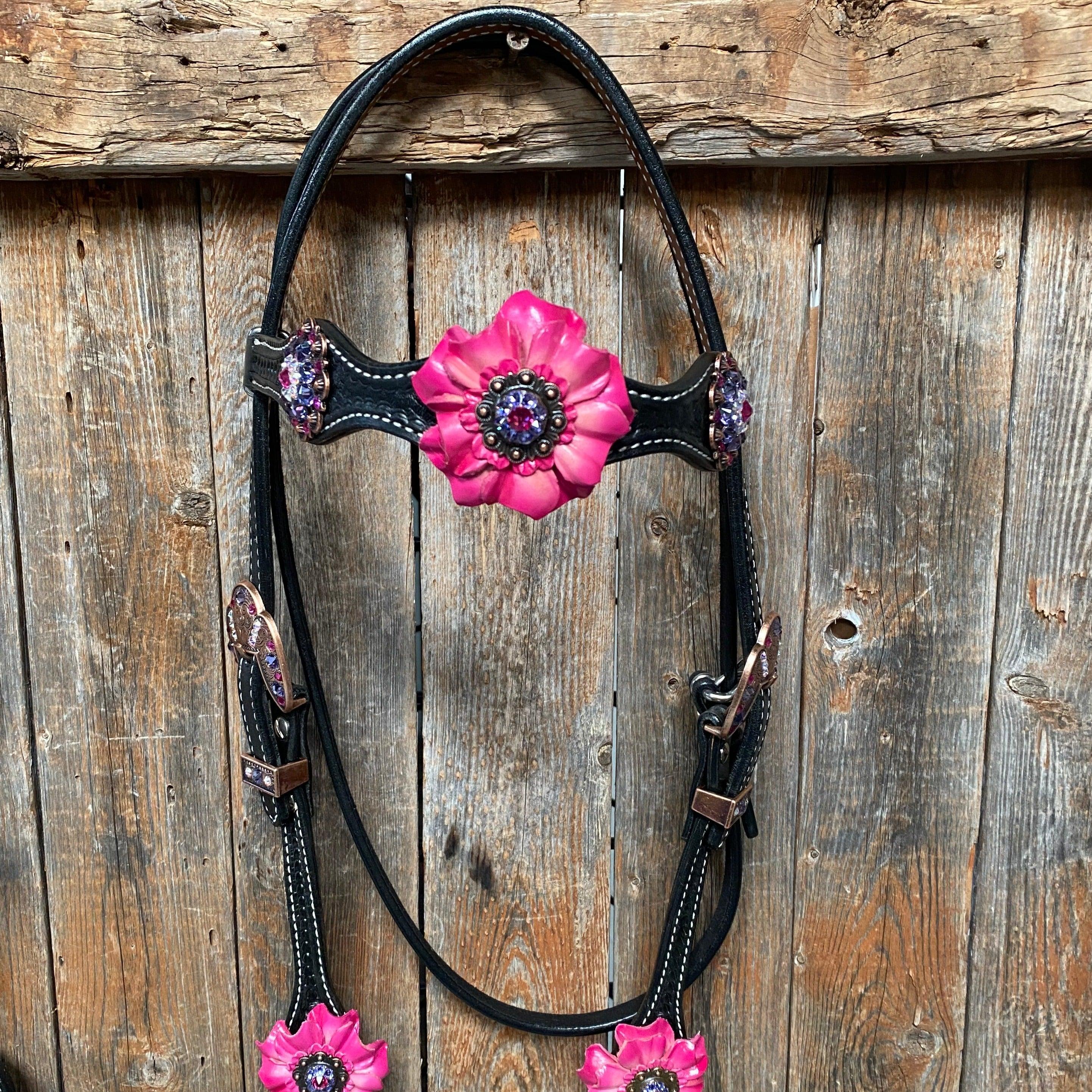 Black Basketweave Pink and Purple Browband/One Ear Tack Set #BBBC407 — view 3