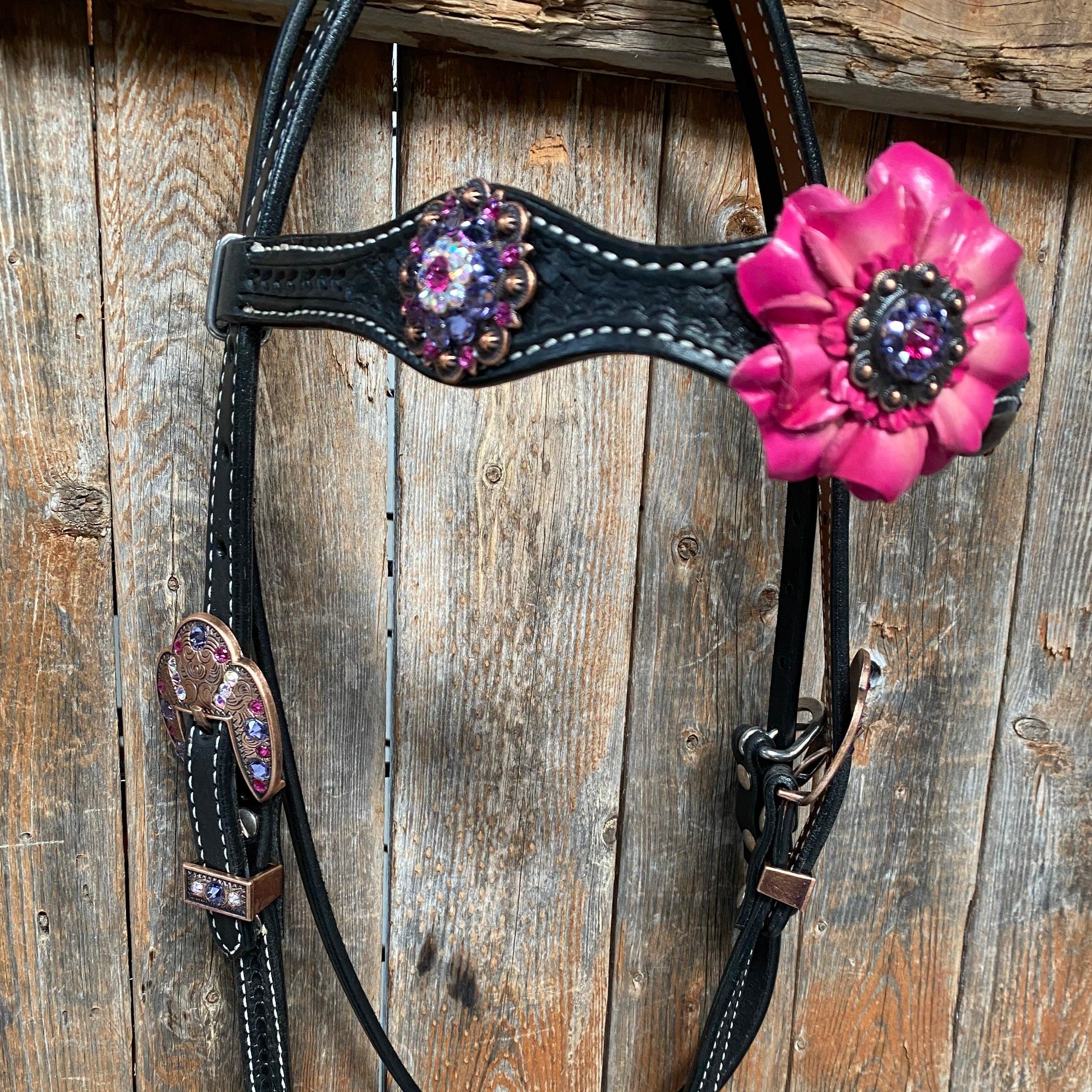 Black Basketweave Pink and Purple Browband/One Ear Tack Set #BBBC407 — view 4