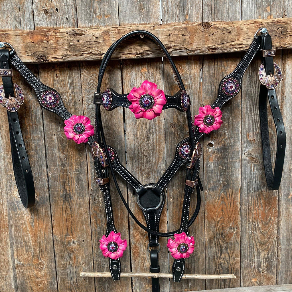 Black Basketweave Pink and Purple Browband/One Ear Tack Set #BBBC407