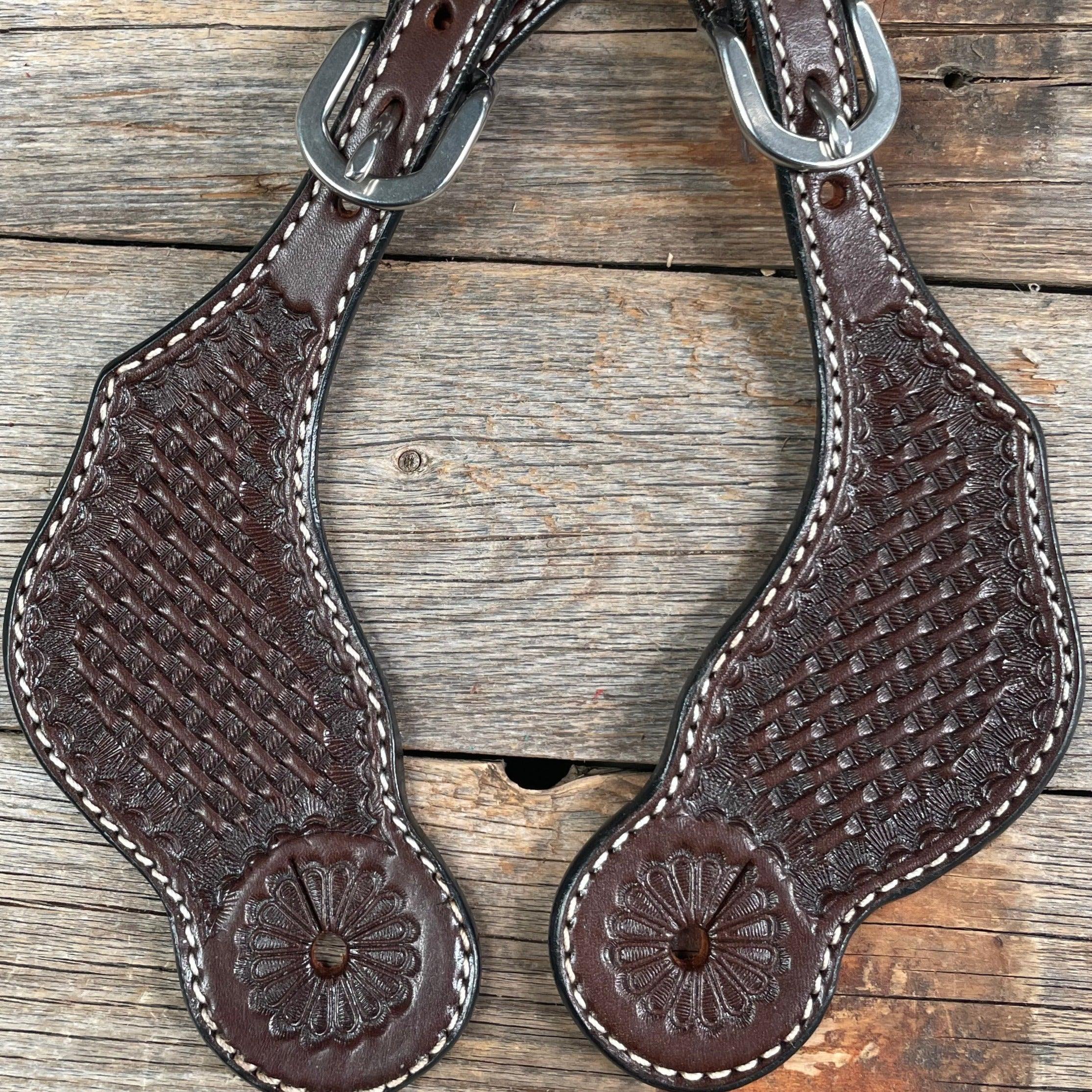 Dark Oil Genuine Leather Basketweave Tooled Spur Straps — view 2