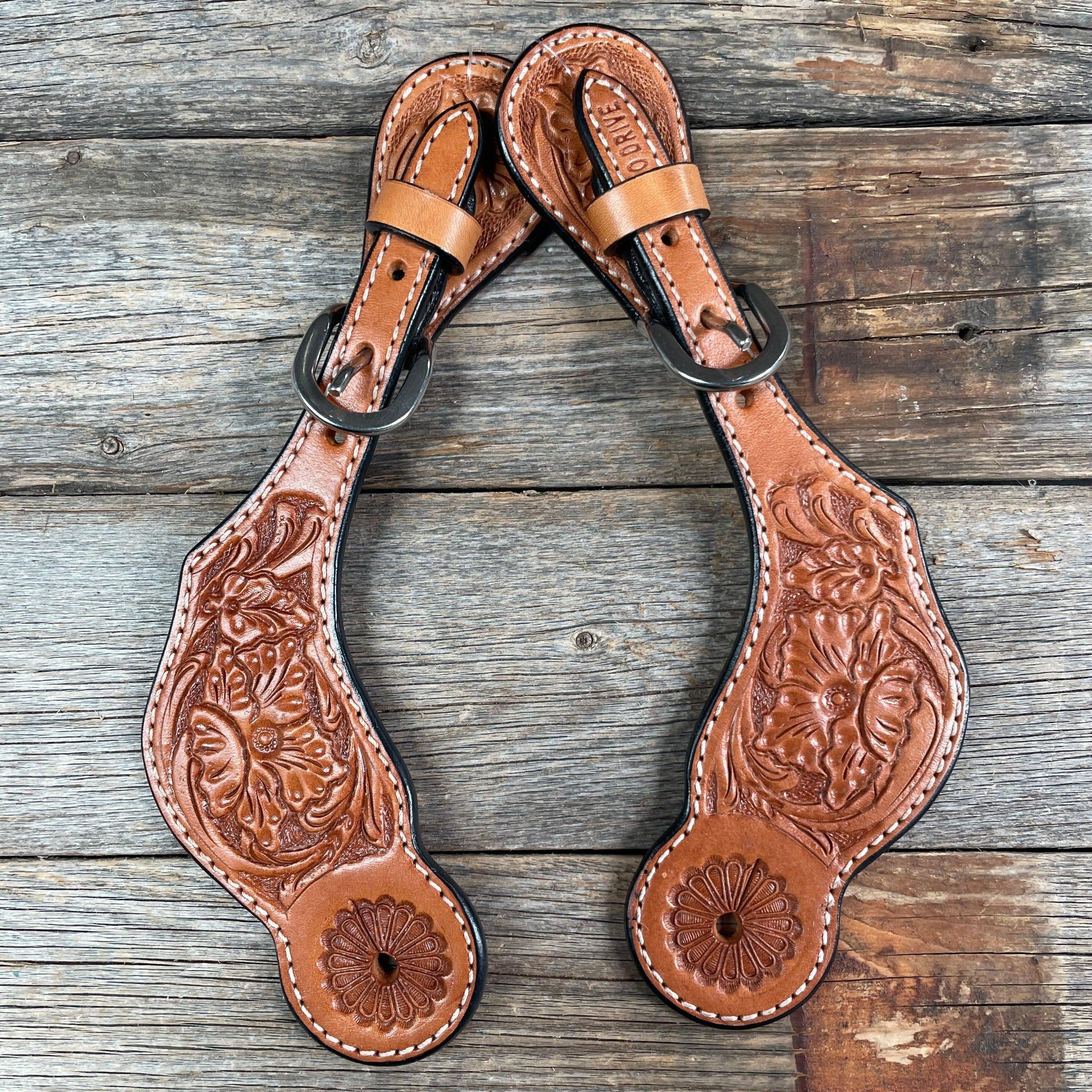 Light Oil Genuine Leather Floral Tooled Spur Straps
