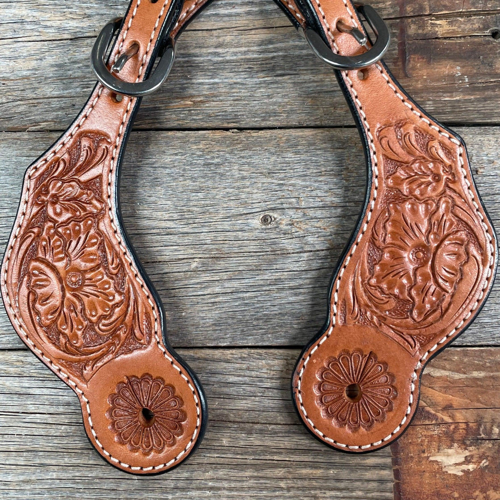 Light Oil Genuine Leather Floral Tooled Spur Straps — view 2