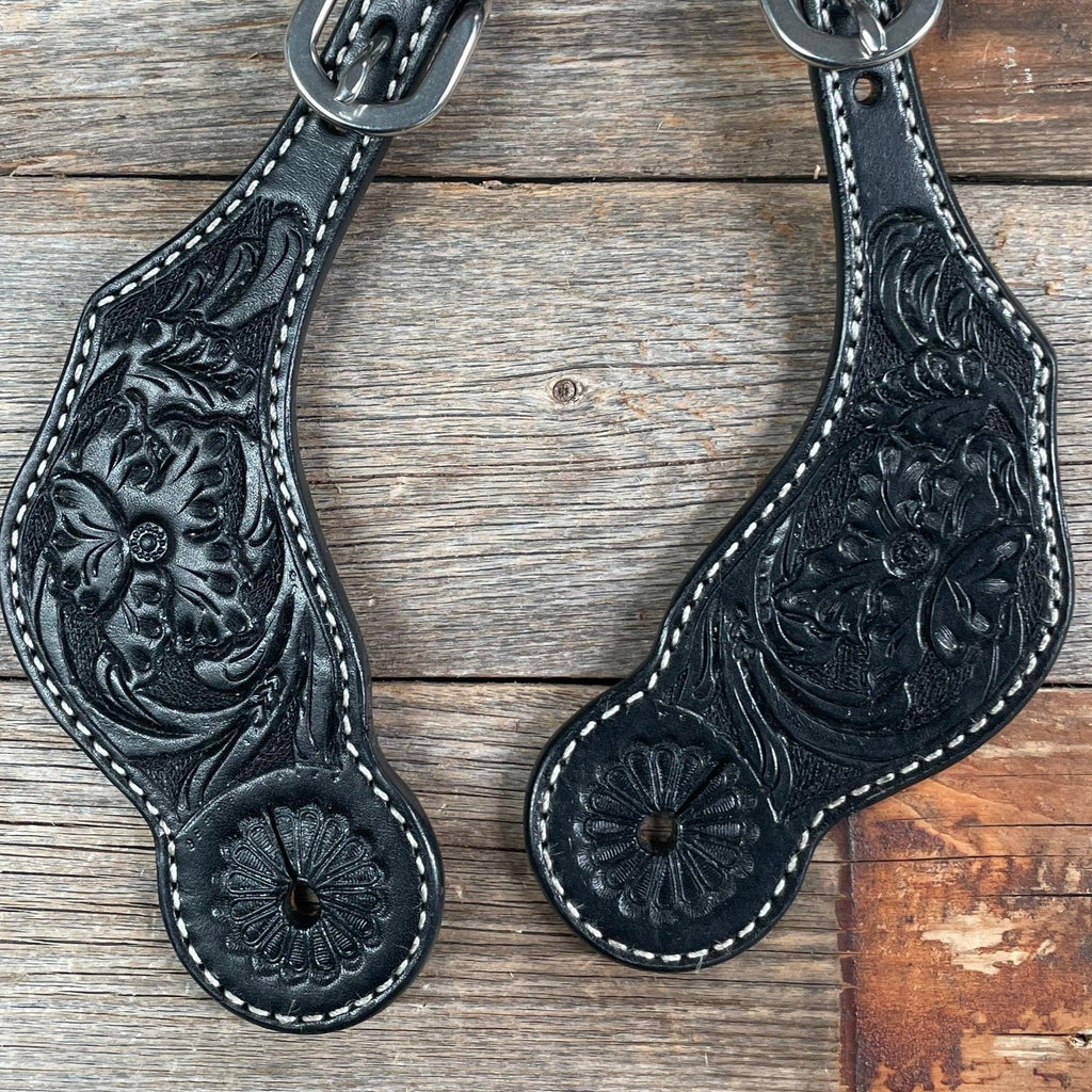 Black Genuine Leather Floral Tooled Spur Straps — view 2