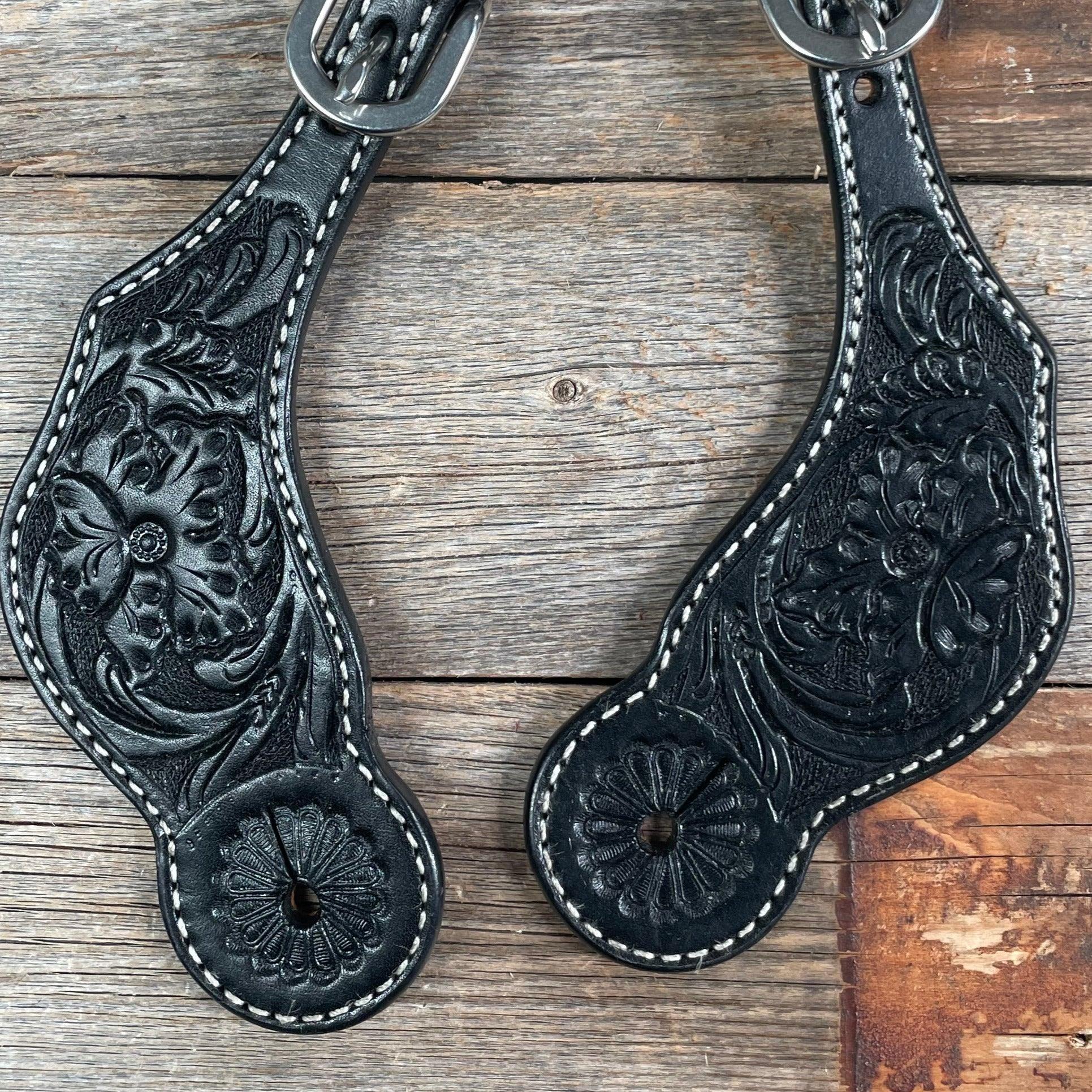Black Genuine Leather Floral Tooled Spur Straps — view 2
