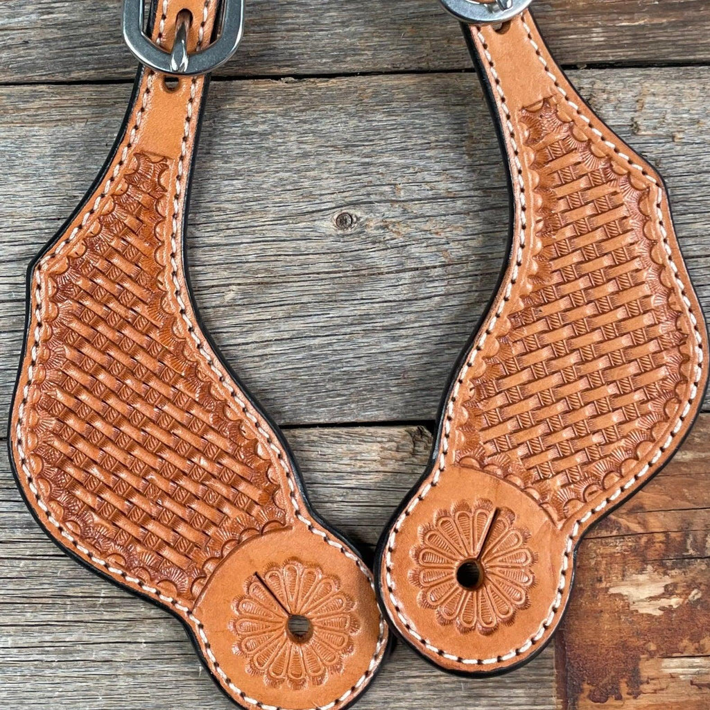 Light Oil Genuine Leather Basketweave Tooled Spur Straps — view 2