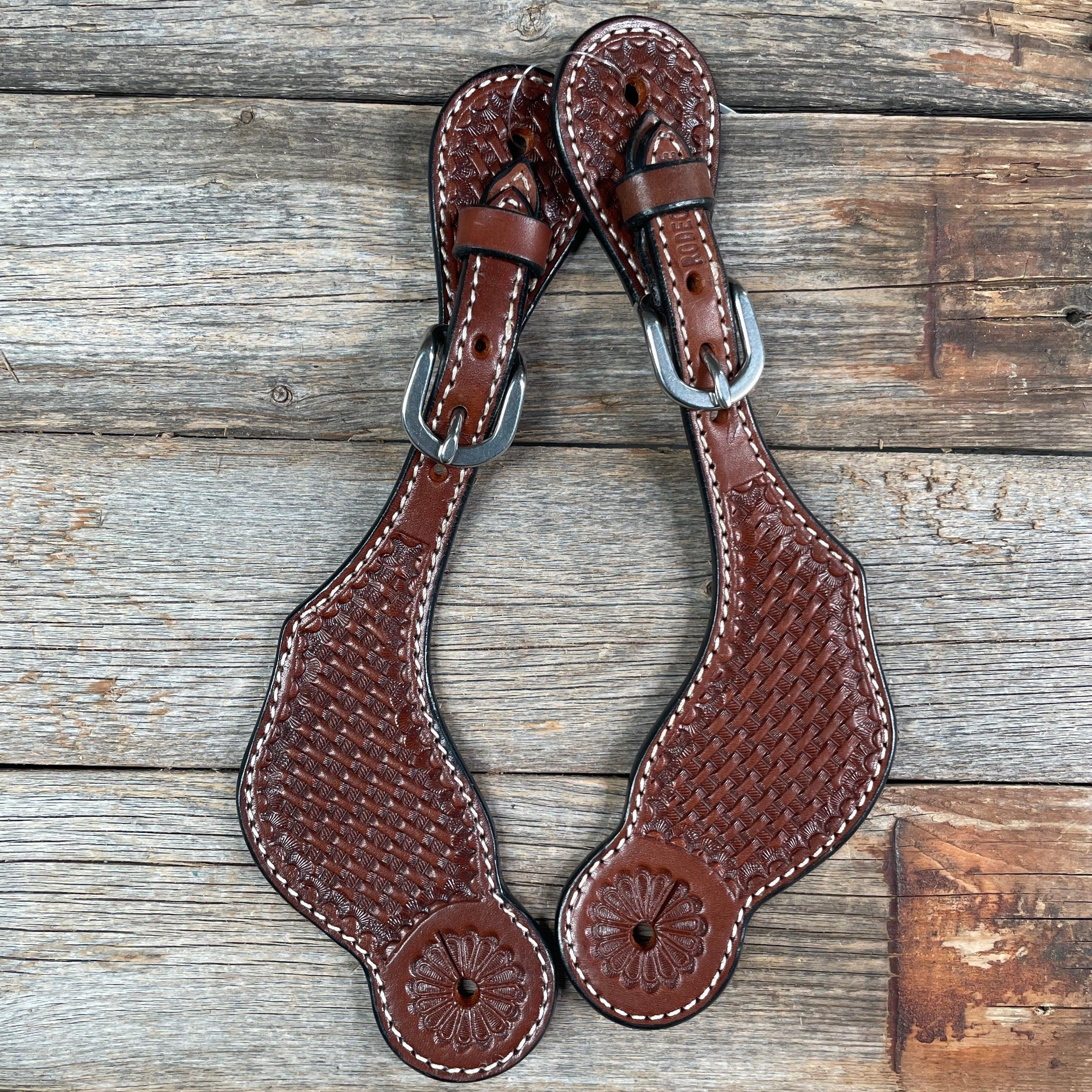 Medium Oil Genuine Leather Basketweave Tooled Spur Straps