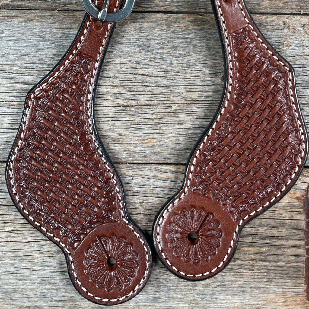 Medium Oil Genuine Leather Basketweave Tooled Spur Straps — view 2