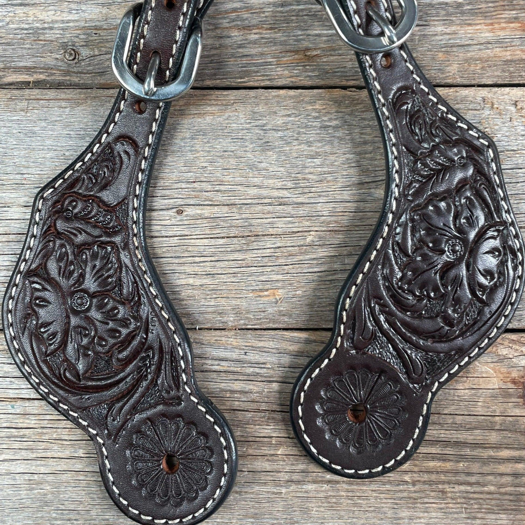 Dark Oil Genuine Leather Floral Tooled Spur Straps — view 2