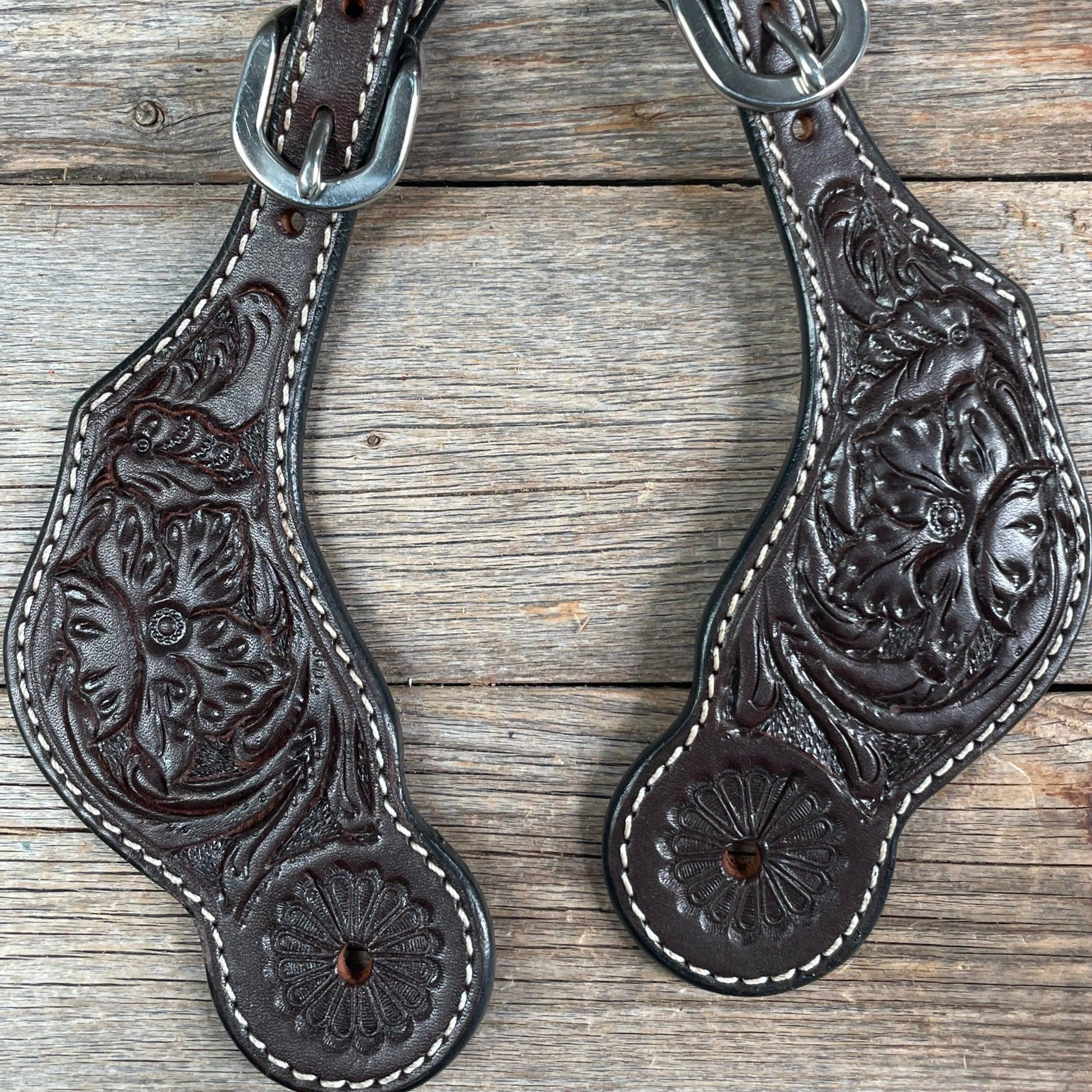 Dark Oil Genuine Leather Floral Tooled Spur Straps — view 2