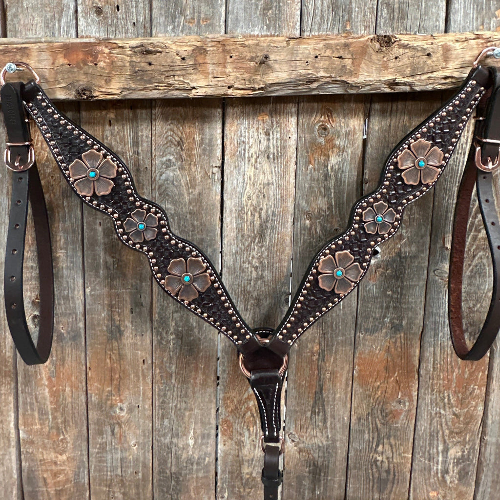 Copper Dot Honeycomb Flower and Turquoise Browband / One Ear Tack Set #BBBC563 — view 3