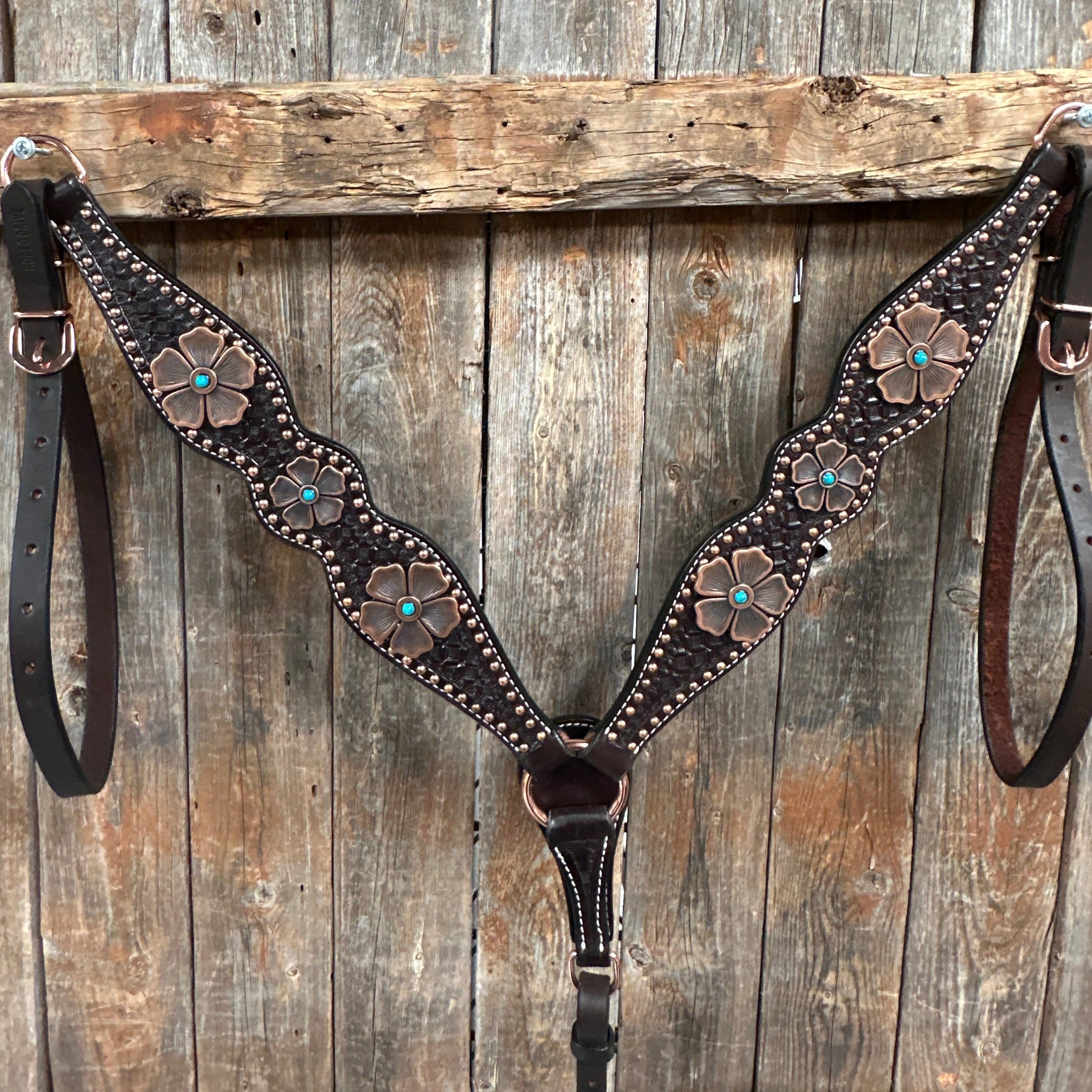 Copper Dot Honeycomb Flower and Turquoise Browband / One Ear Tack Set #BBBC563 — view 3