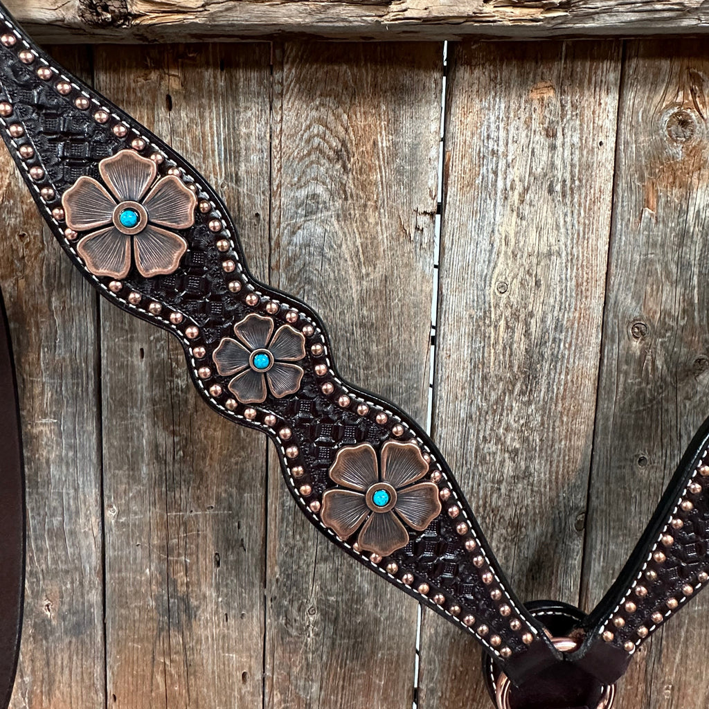Copper Dot Honeycomb Flower and Turquoise Browband / One Ear Tack Set #BBBC563 — view 4